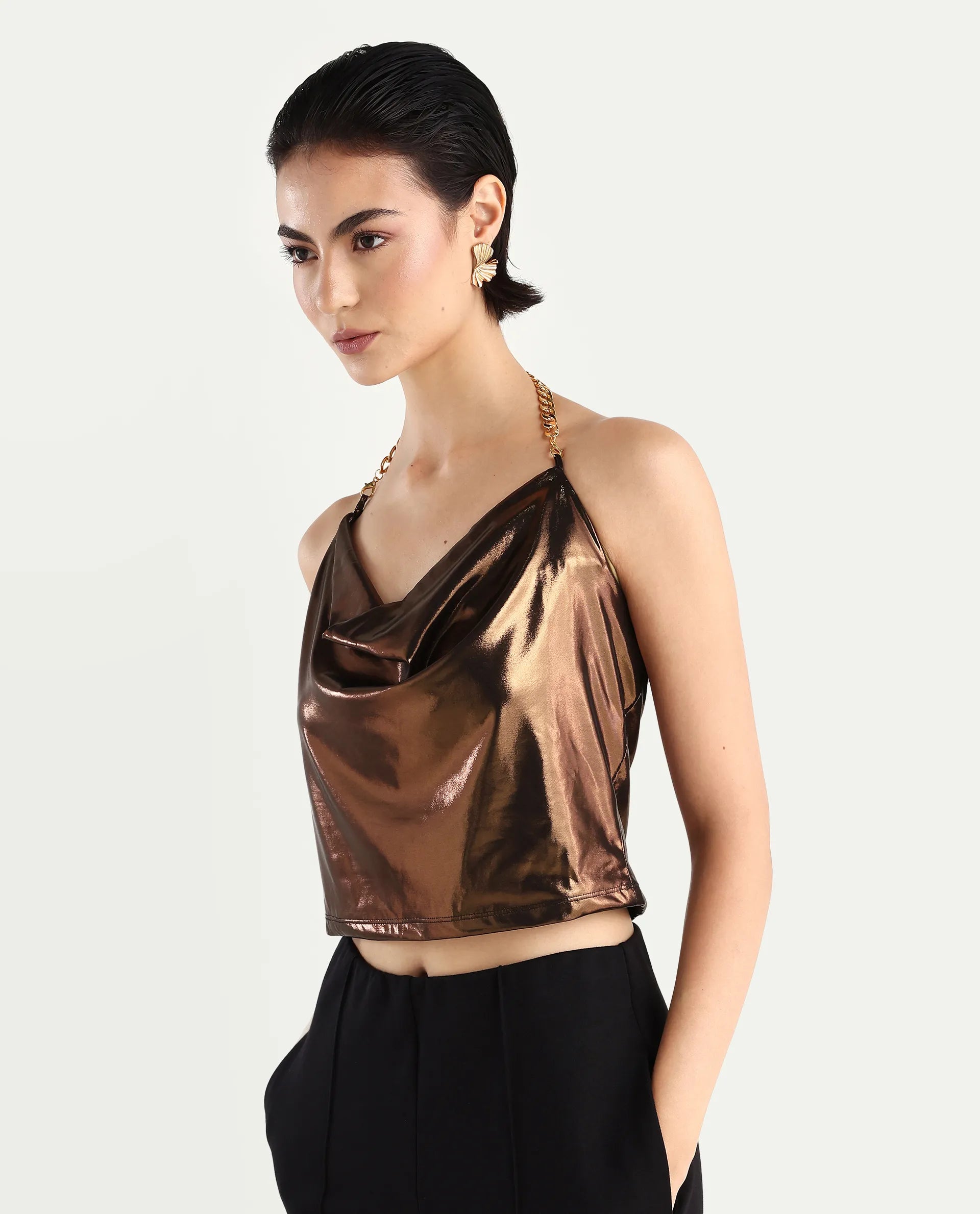 Rareism Women's Manda Metallic Brown Polyester Cowl Neck Plain Sleeveless Crop Fitted Top