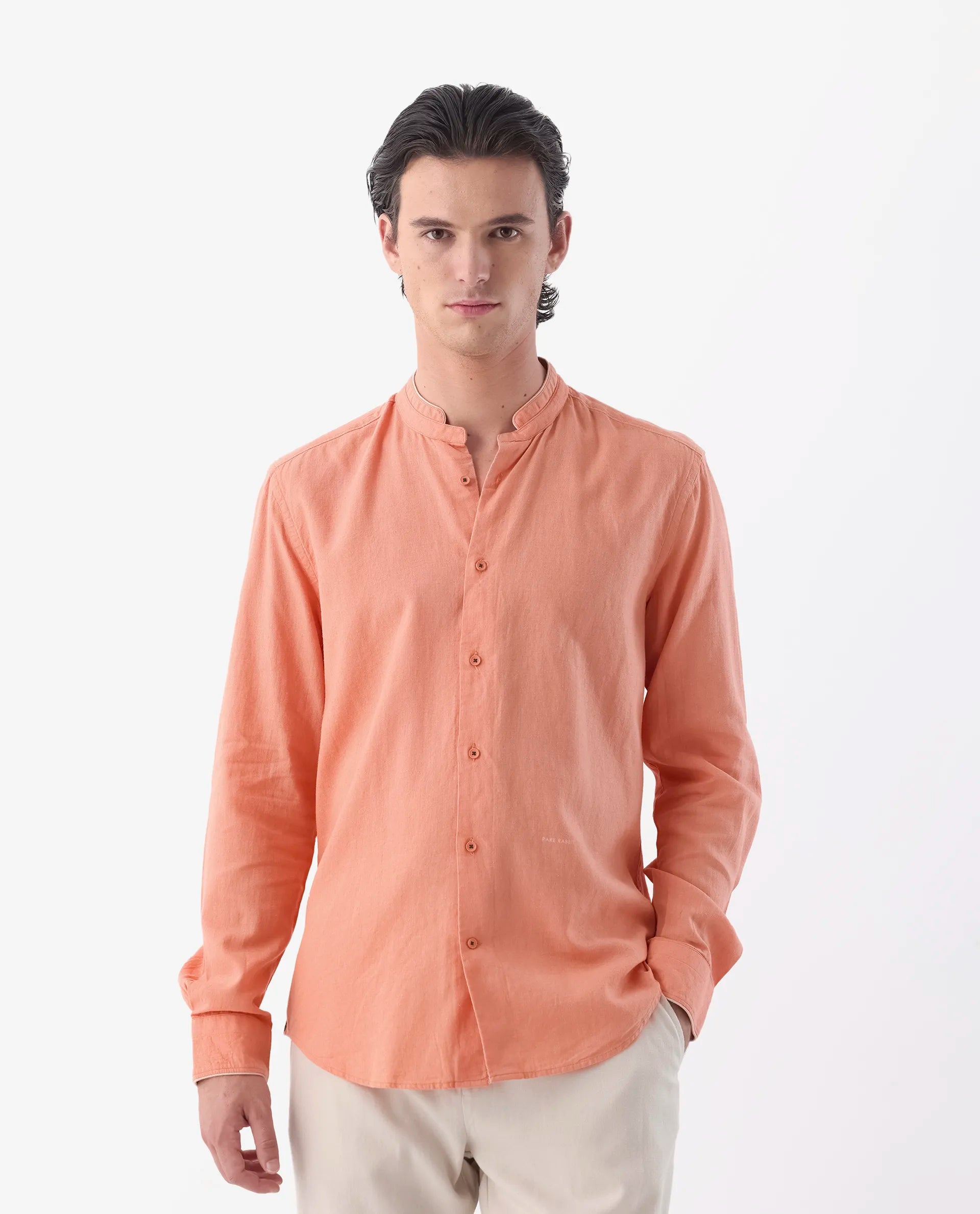 Rare Rabbit Men's Manderin Orange 100% Linen Plain Regular Fit Full Sleeve Mandarin Collar Shirt