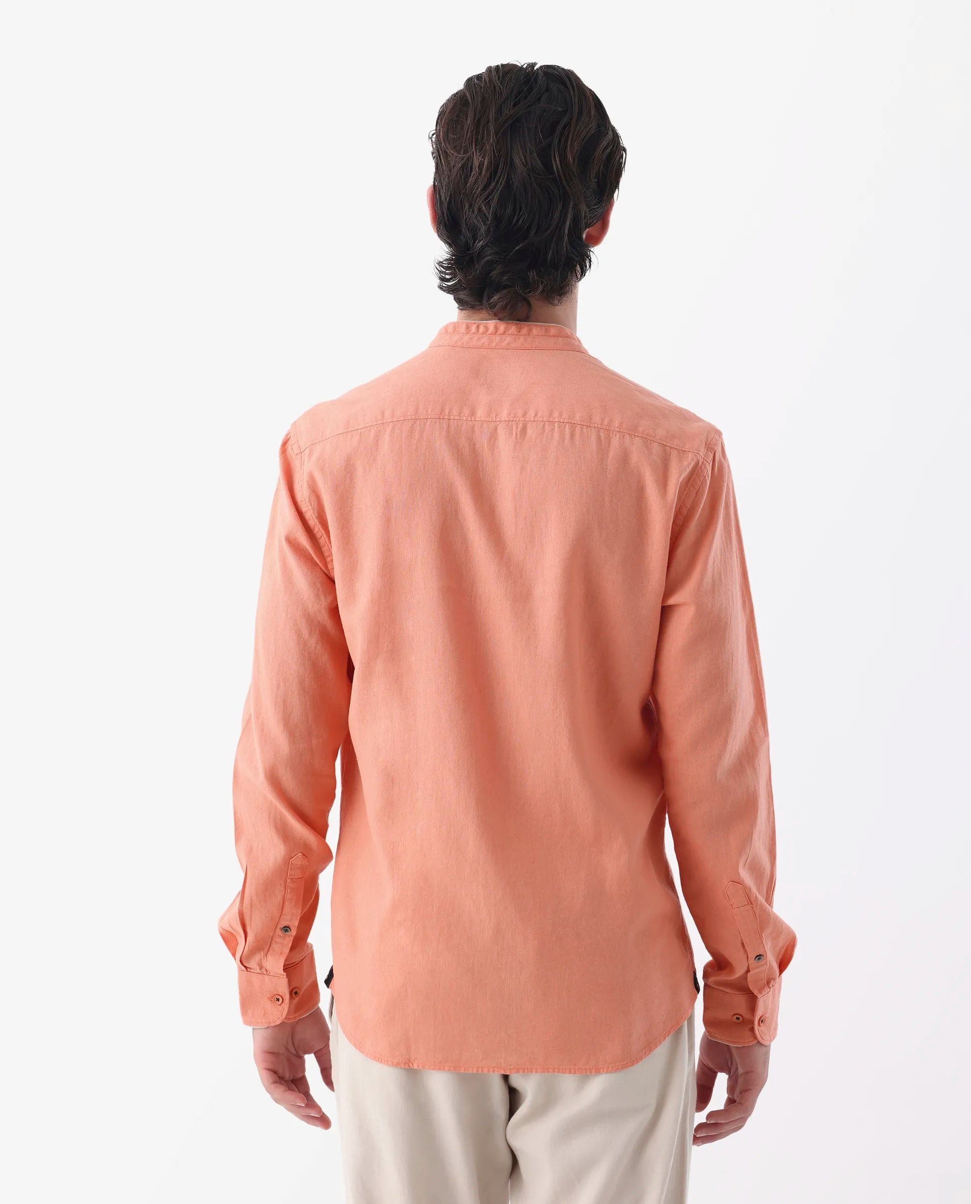 Rare Rabbit Men's Manderin Orange 100% Linen Plain Regular Fit Full Sleeve Mandarin Collar Shirt