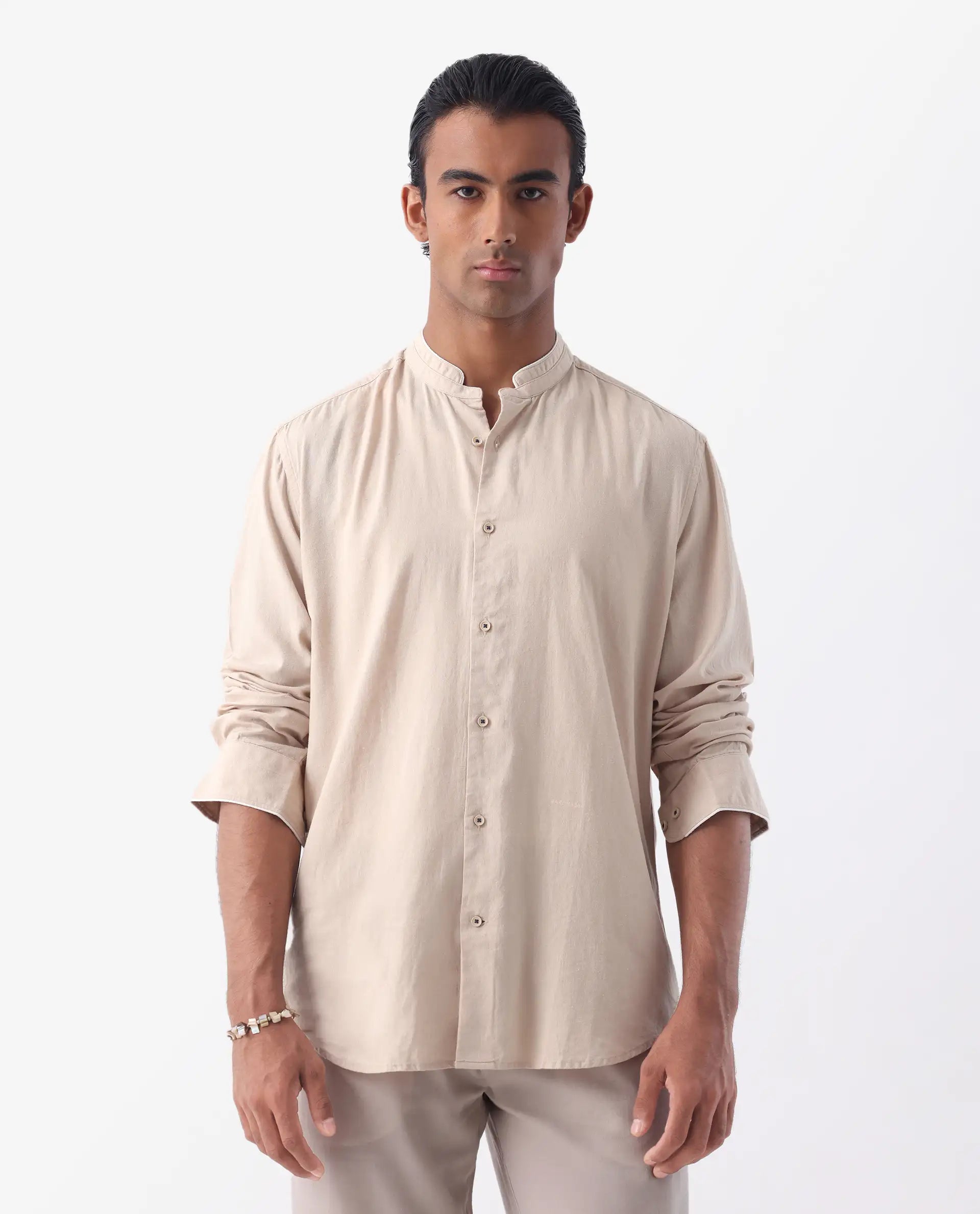 Rare Rabbit Men's Manderin Beige 100% Linen Plain Regular Fit Full Sleeve Mandarin Collar Shirt