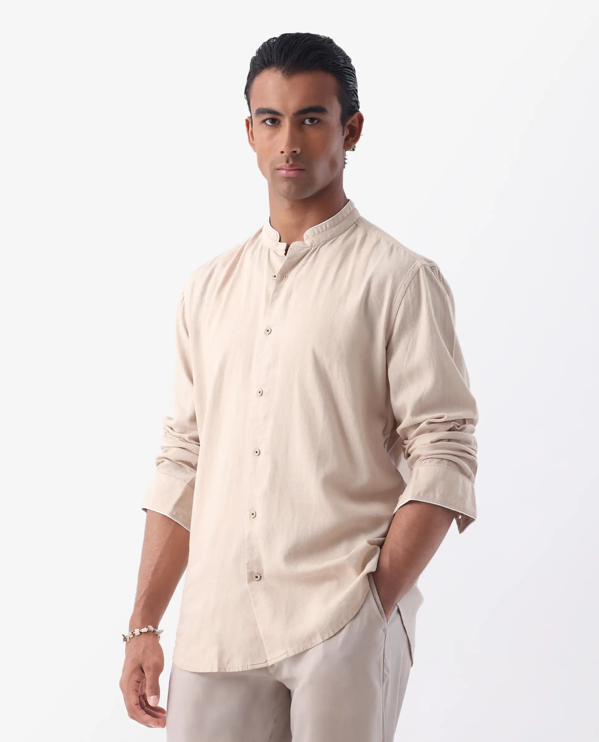 Rare Rabbit Men's Manderin Beige 100% Linen Plain Regular Fit Full Sleeve Mandarin Collar Shirt