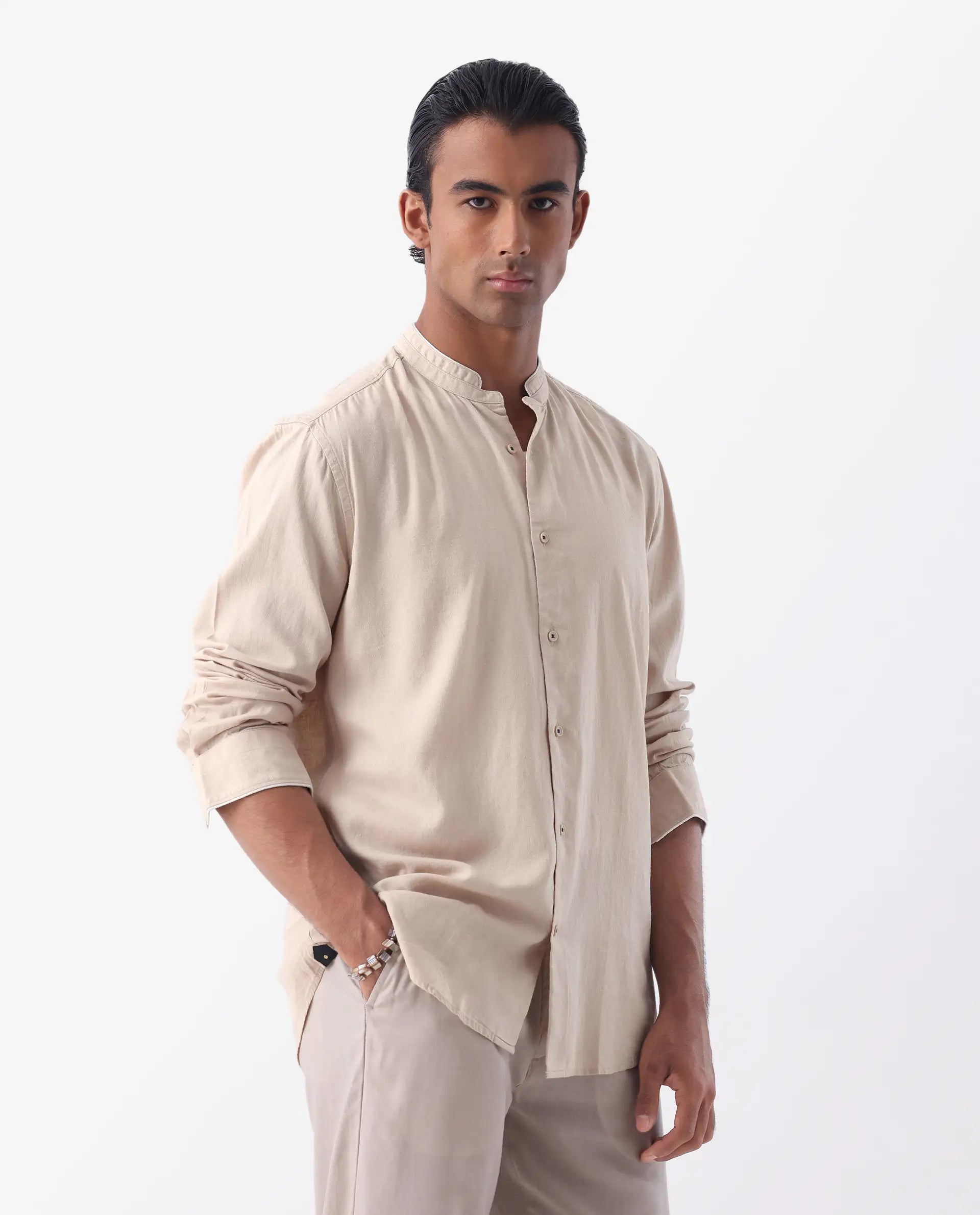 Rare Rabbit Men's Manderin Beige 100% Linen Plain Regular Fit Full Sleeve Mandarin Collar Shirt