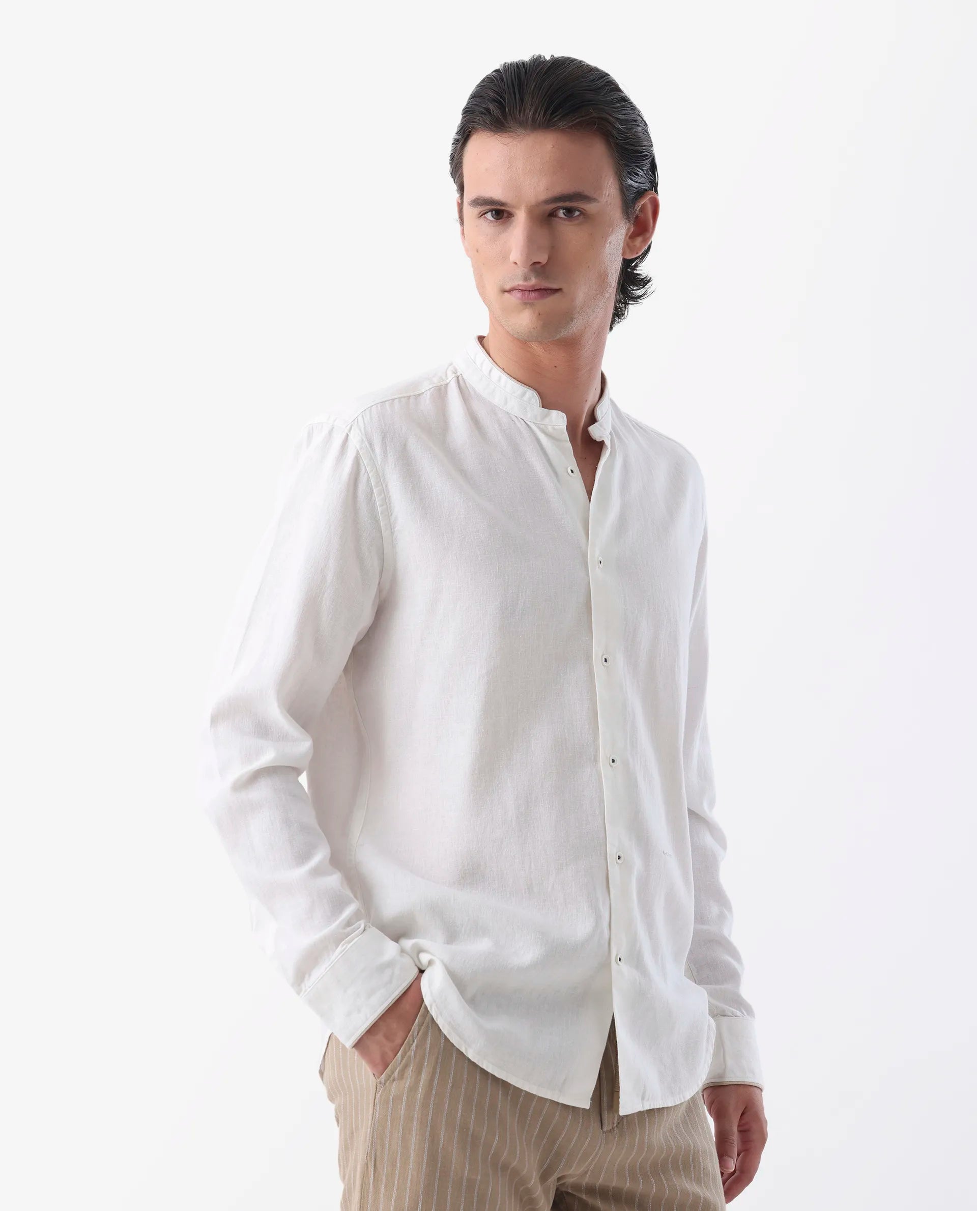 Rare Rabbit Men's Manderin White 100% Linen Plain Regular Fit Full Sleeve Mandarin Collar Shirt