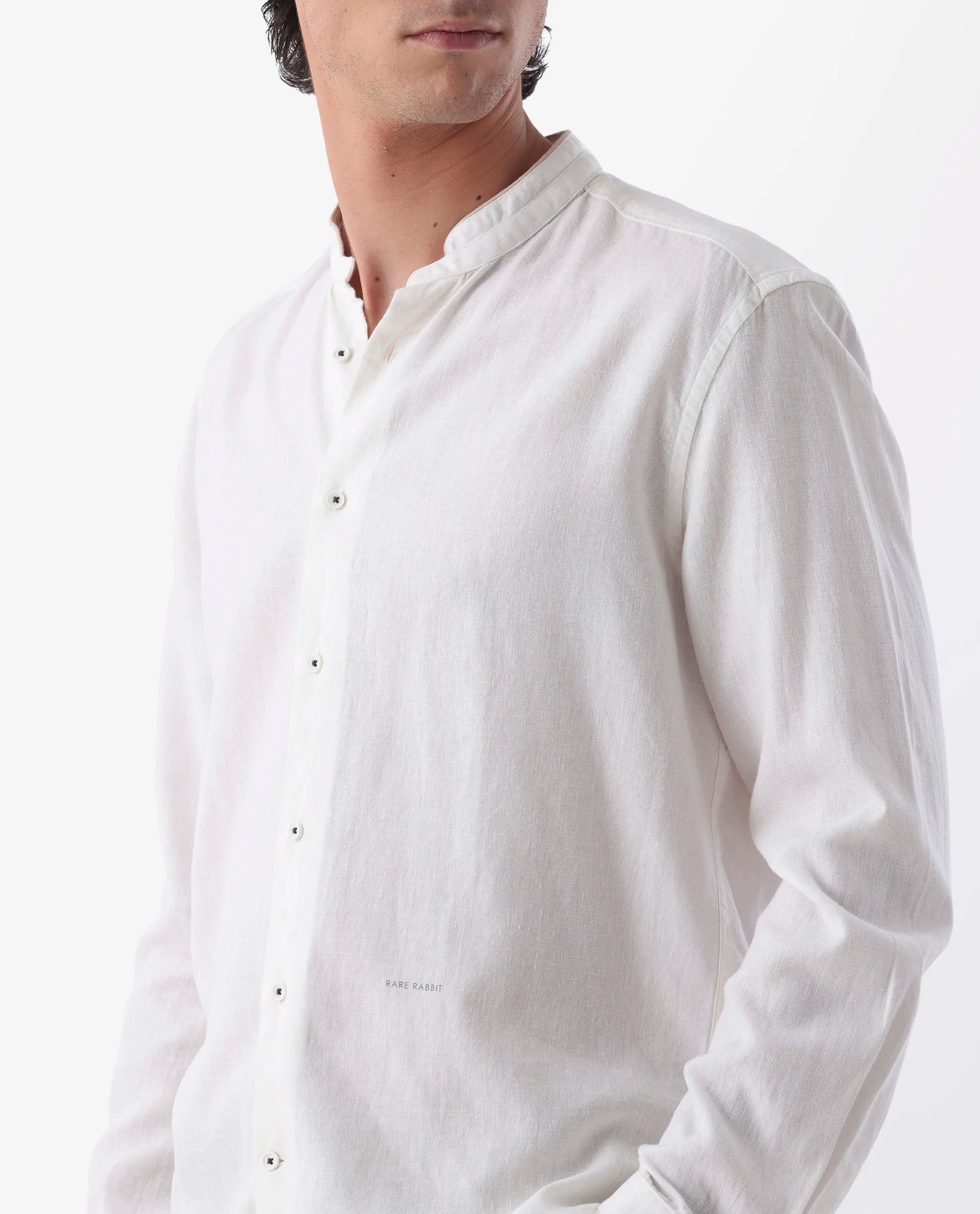 Rare Rabbit Men's Manderin White 100% Linen Plain Regular Fit Full Sleeve Mandarin Collar Shirt