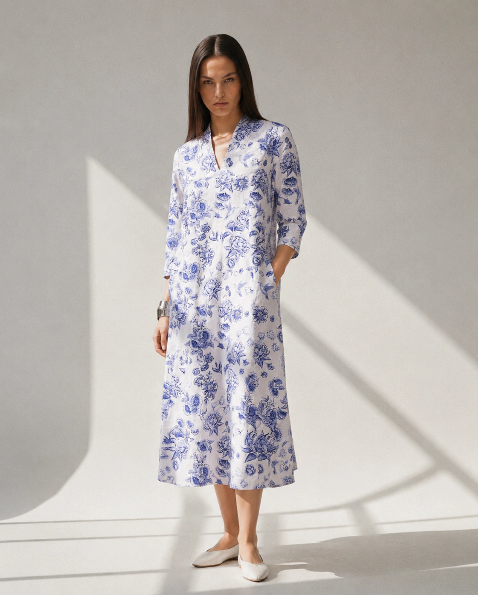 Rareism Women's Mandro Beige Floral Cotton A-Line Three Quarter Sleeve Dress