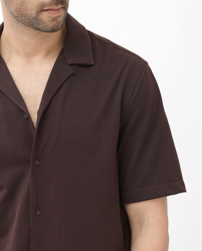 Rare Rabbit Men's Manga Dark Maroon Cuban Collar Half Sleeves Solid Knitted Shirt