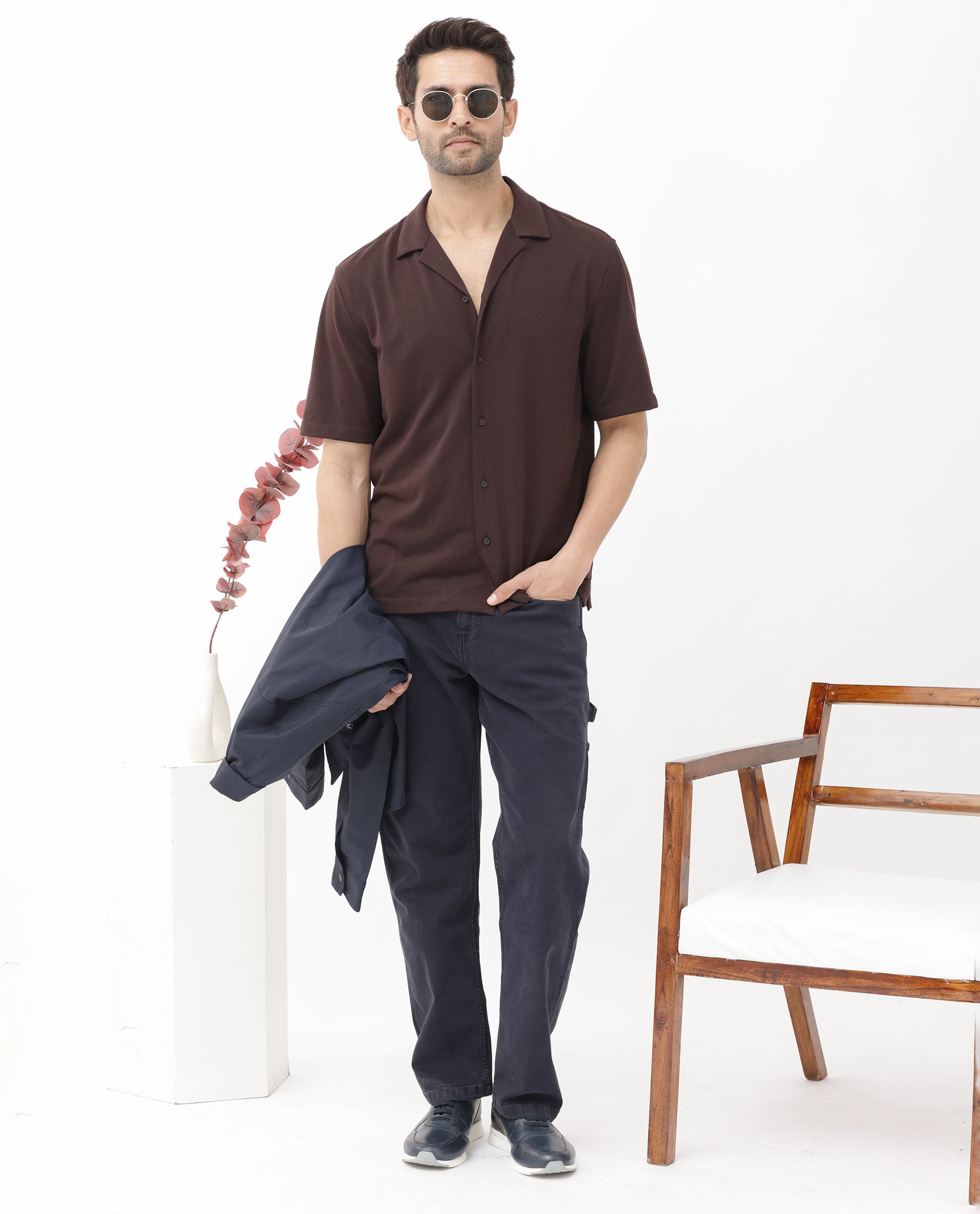 Rare Rabbit Men's Manga Dark Maroon Cotton Polyester Fabric Blend Cuban Collar Half Sleeves Boxy Fit Solid Knitted Shirt