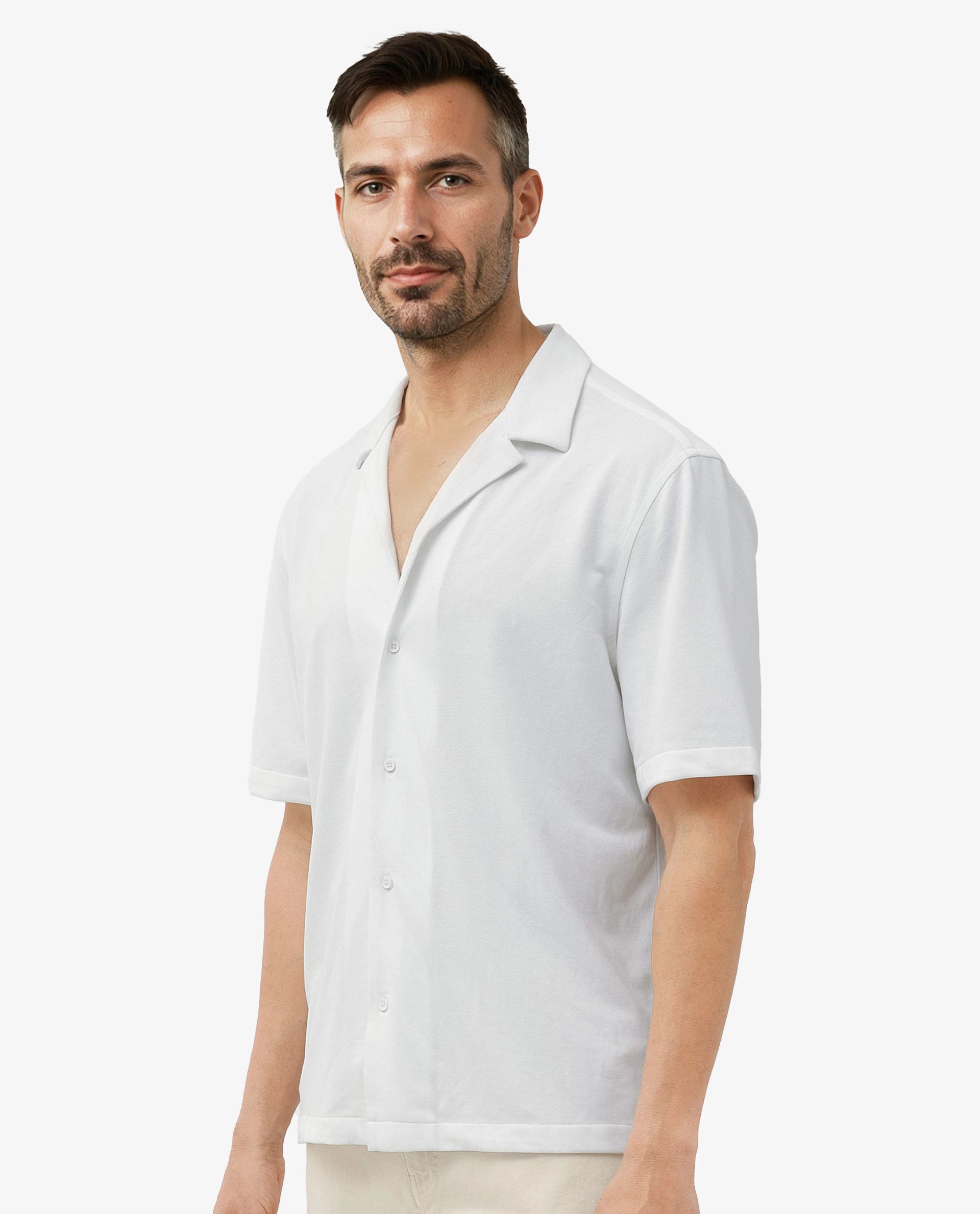 Rare Rabbit Men's Manga White Cotton Polyester Fabric Blend Cuban Collar Half Sleeves Boxy Fit Solid Knitted Shirt