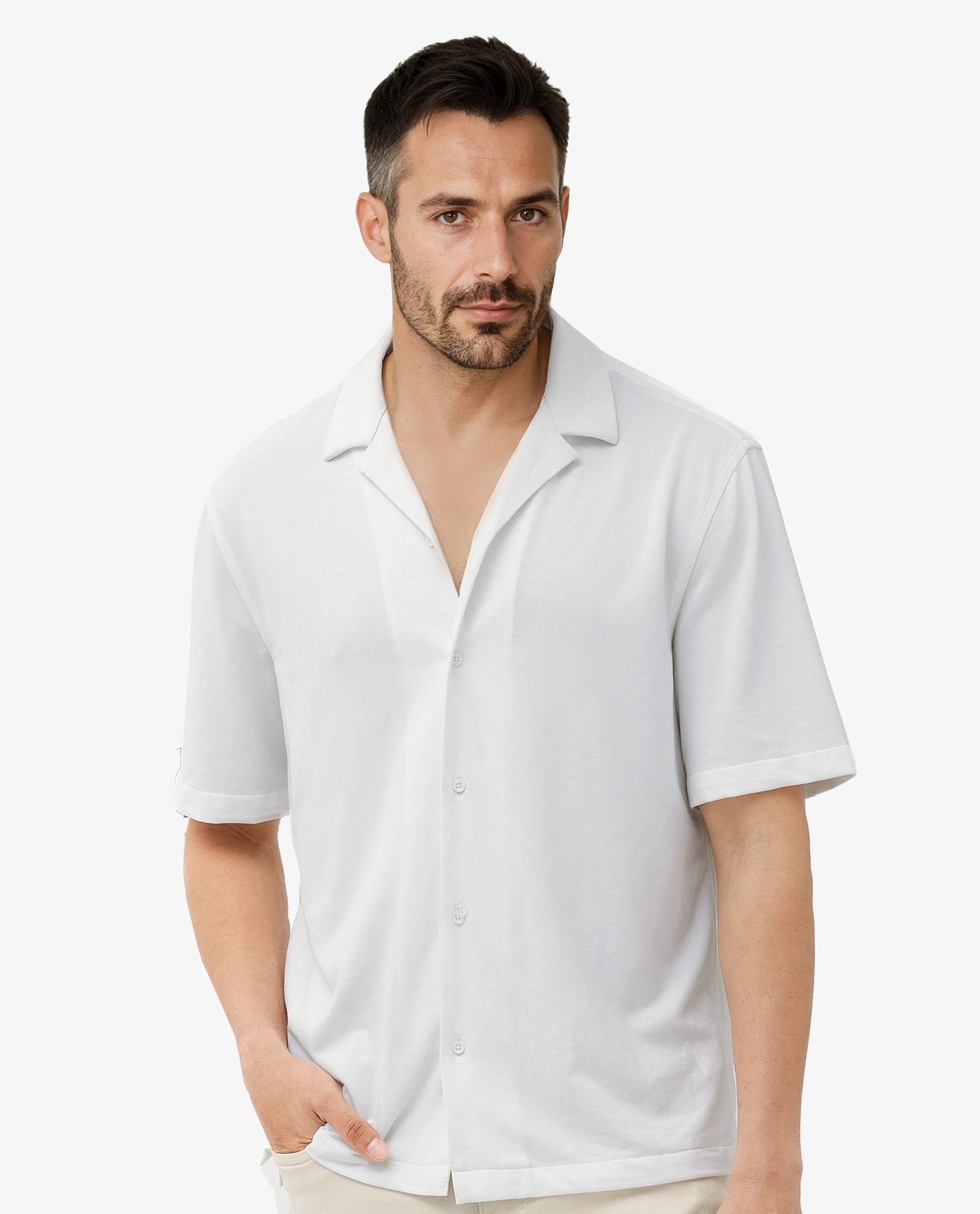 Rare Rabbit Men's Manga White Cotton Polyester Fabric Blend Cuban Collar Half Sleeves Boxy Fit Solid Knitted Shirt