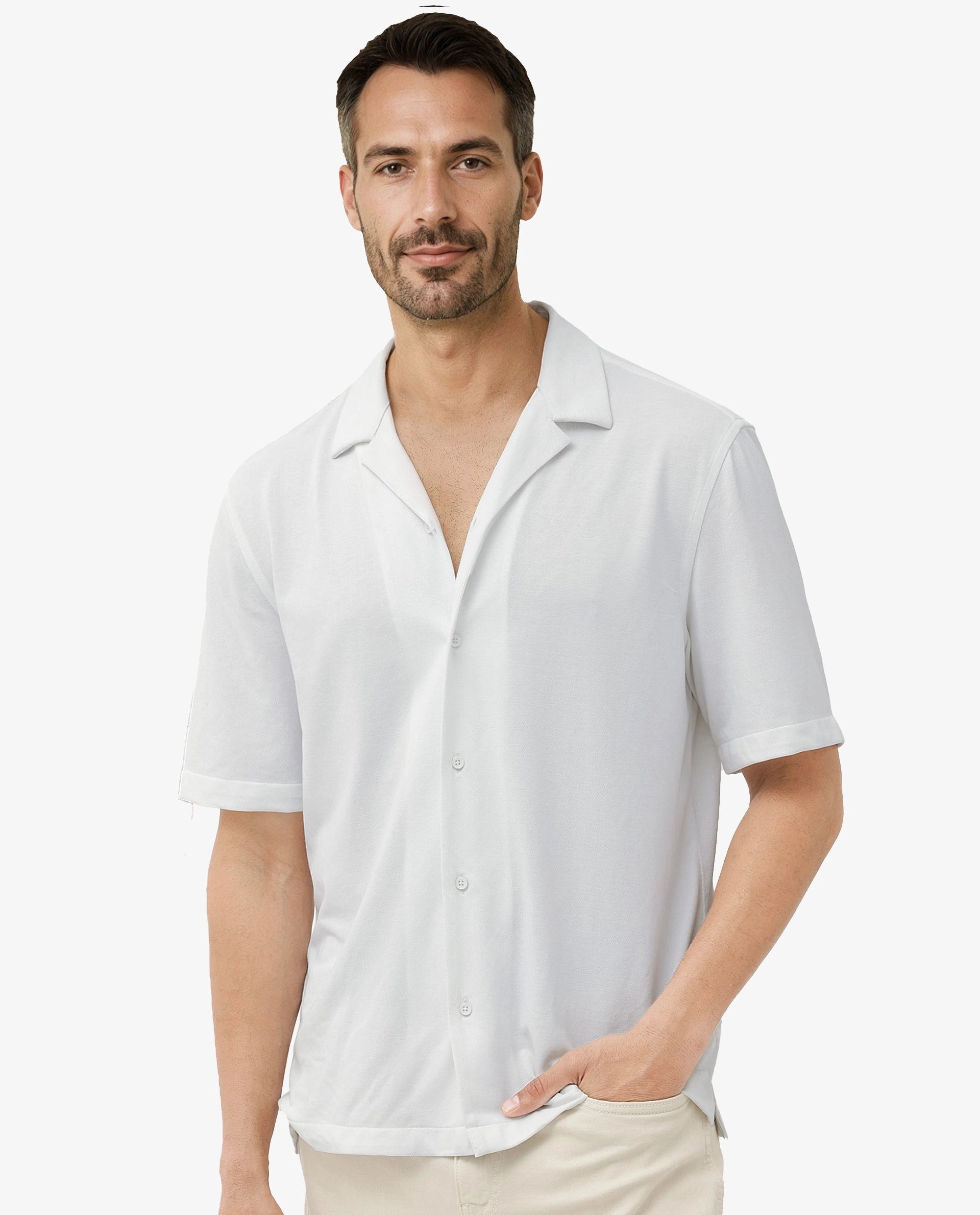 Rare Rabbit Men's Manga White Cotton Polyester Fabric Blend Cuban Collar Half Sleeves Boxy Fit Solid Knitted Shirt