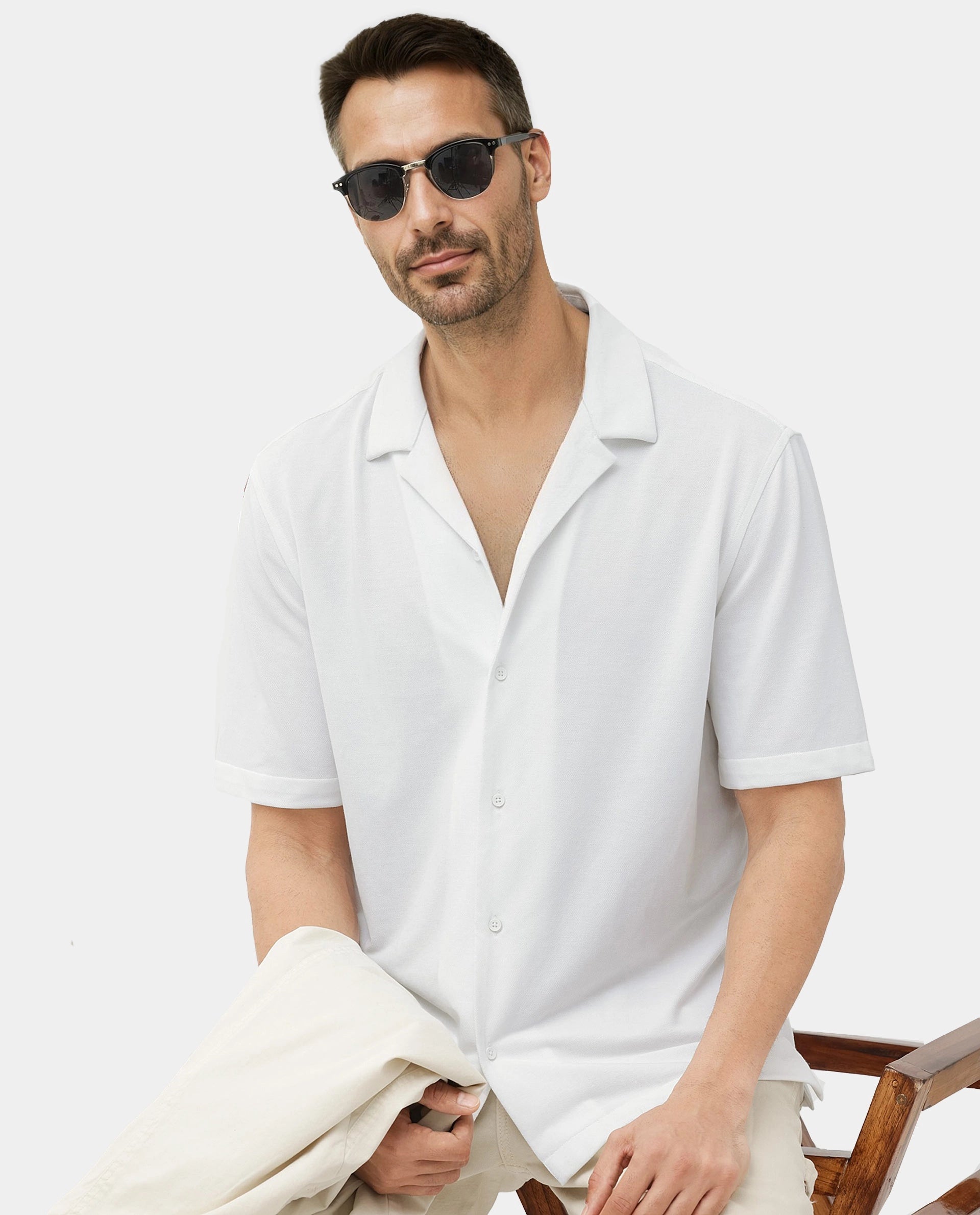 Rare Rabbit Men's Manga White Cotton Polyester Fabric Blend Cuban Collar Half Sleeves Boxy Fit Solid Knitted Shirt