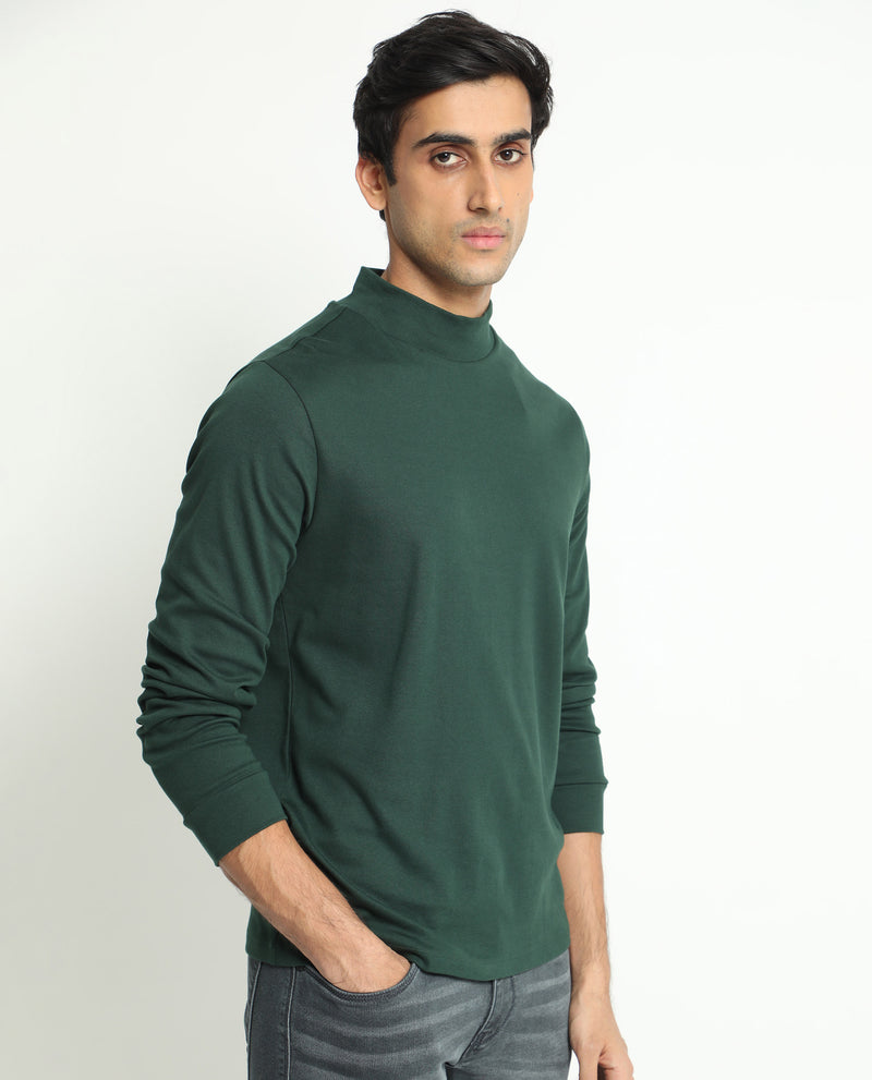 Rare Rabbit Men's Mania Green Cotton Fabric High Neck Full Sleeves Solid Sweatshirt