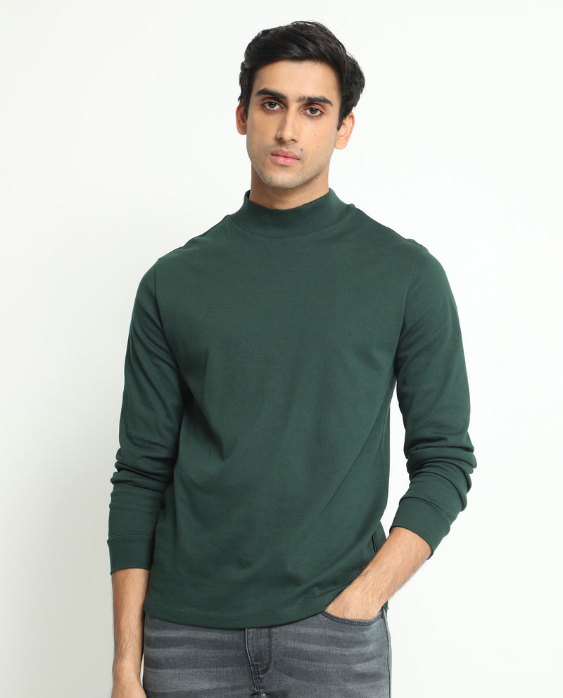 Rare Rabbit Men's Mania Green Cotton Fabric High Neck Full Sleeves Solid Sweatshirt