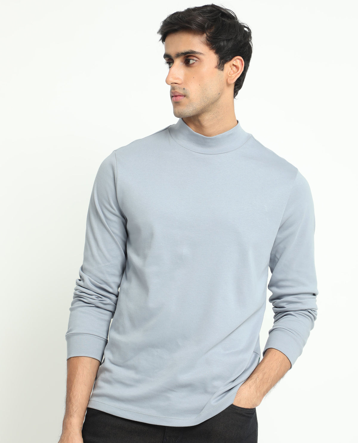 Rare Rabbit Men's Mania Blue Cotton Fabric High Neck Full Sleeves Solid Sweatshirt