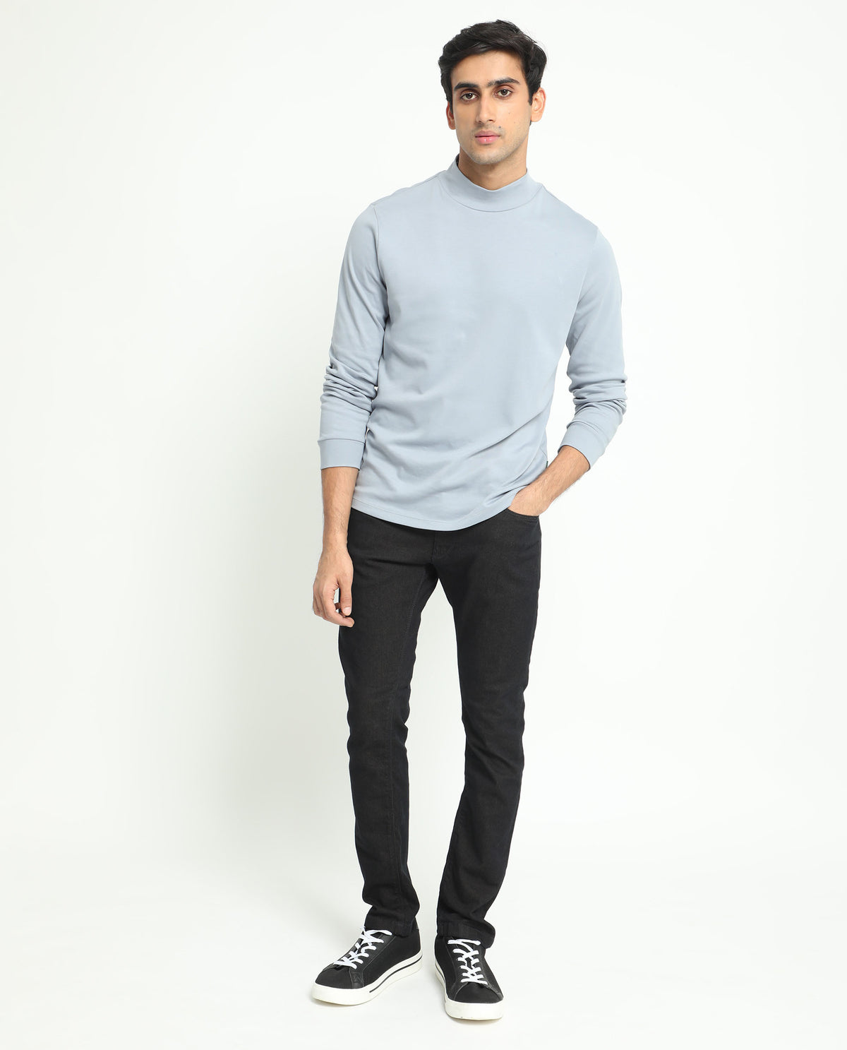 Rare Rabbit Men's Mania Blue Cotton Fabric High Neck Full Sleeves Solid Sweatshirt