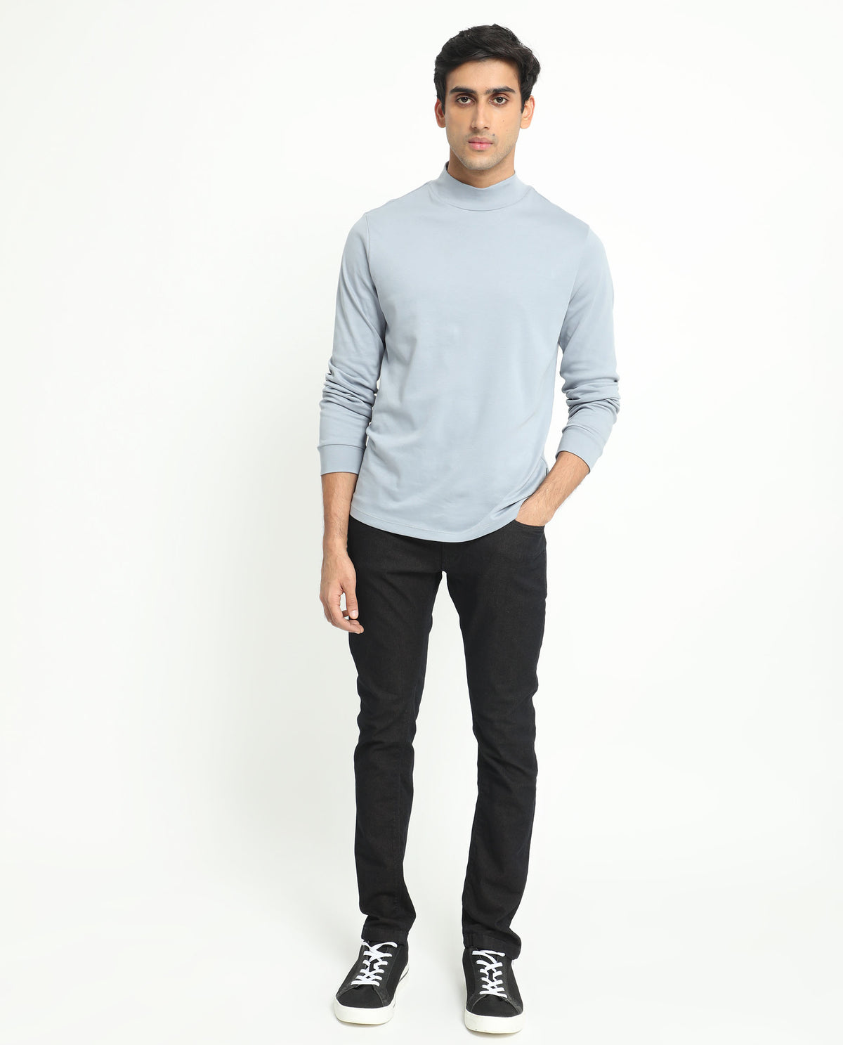 Rare Rabbit Men's Mania Blue Cotton Fabric High Neck Full Sleeves Solid Sweatshirt