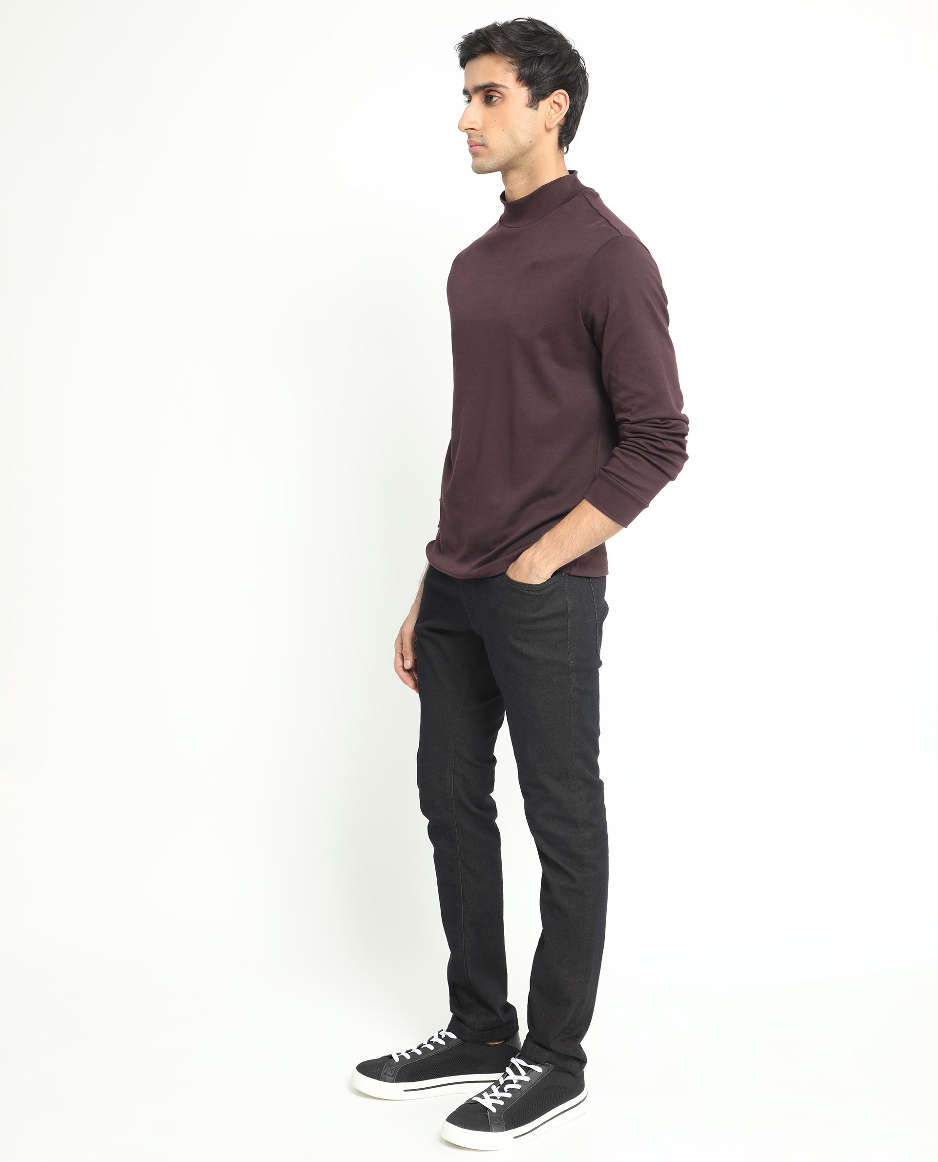 Rare Rabbit Men's Mania Maroon Cotton Fabric Full Sleeves High Neck Solid Sweatshirt