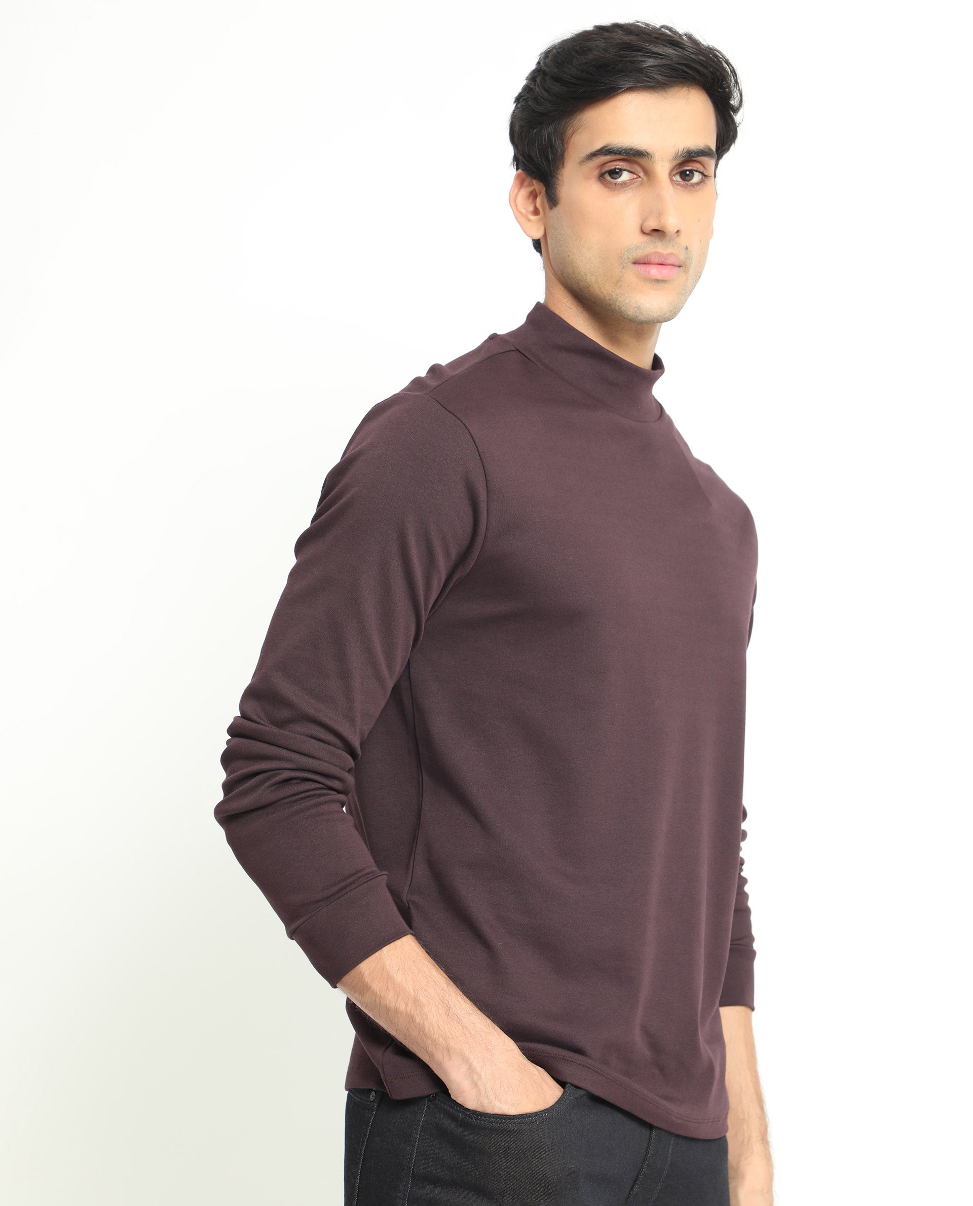 Rare Rabbit Men's Mania Maroon Cotton Fabric Full Sleeves High Neck Solid Sweatshirt