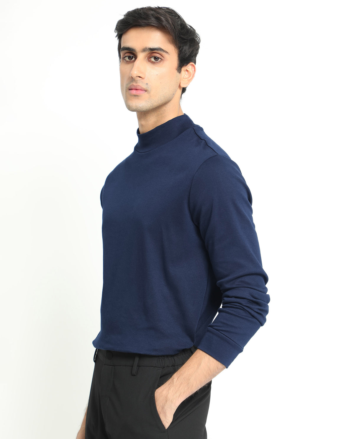 Rare Rabbit Men's Mania Navy Cotton Fabric High Neck Full Sleeves Solid Sweatshirt