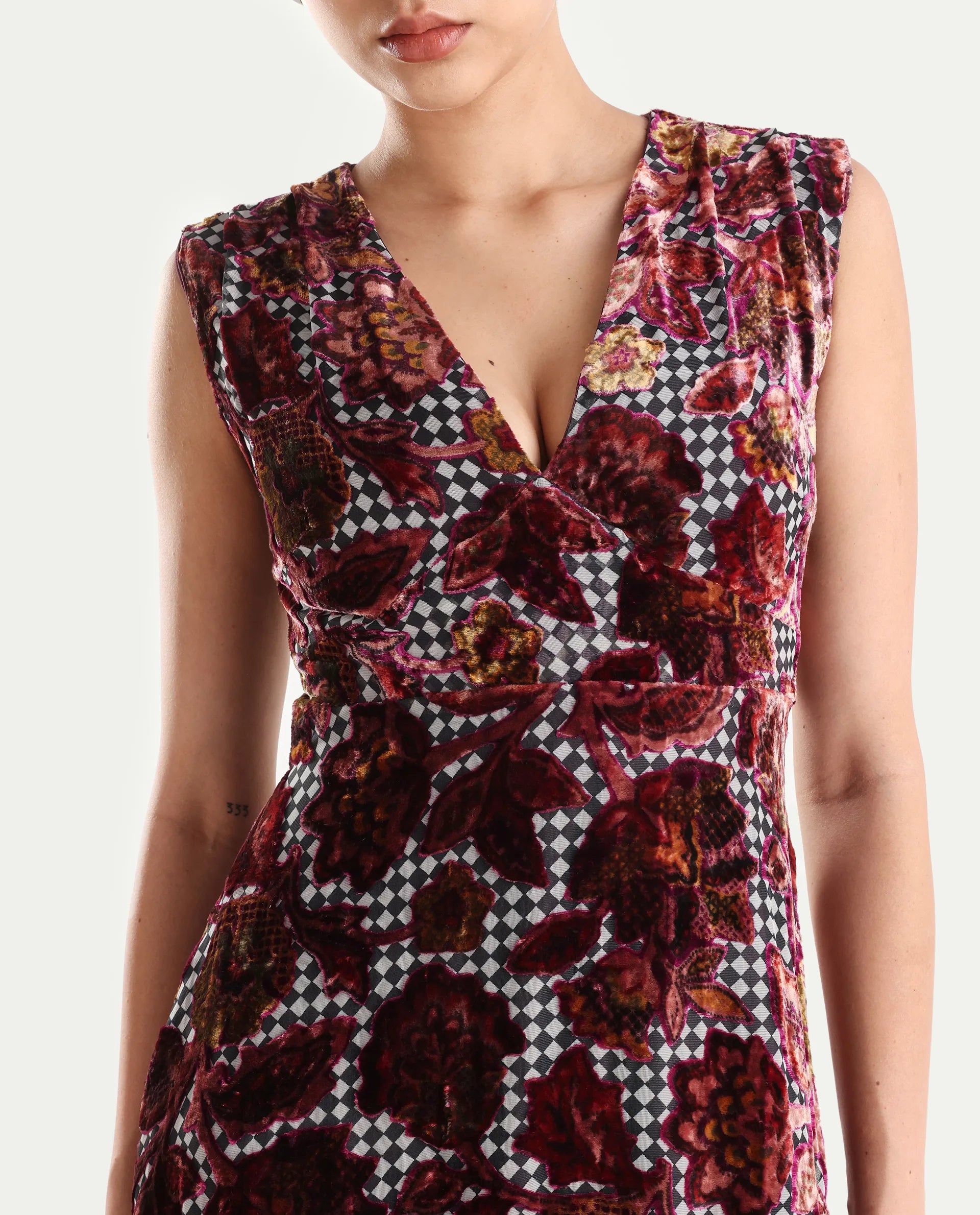 Rareism Women's Manila Multi Velvet V-Neck Floral Print Maxi Fit And Flare Dress