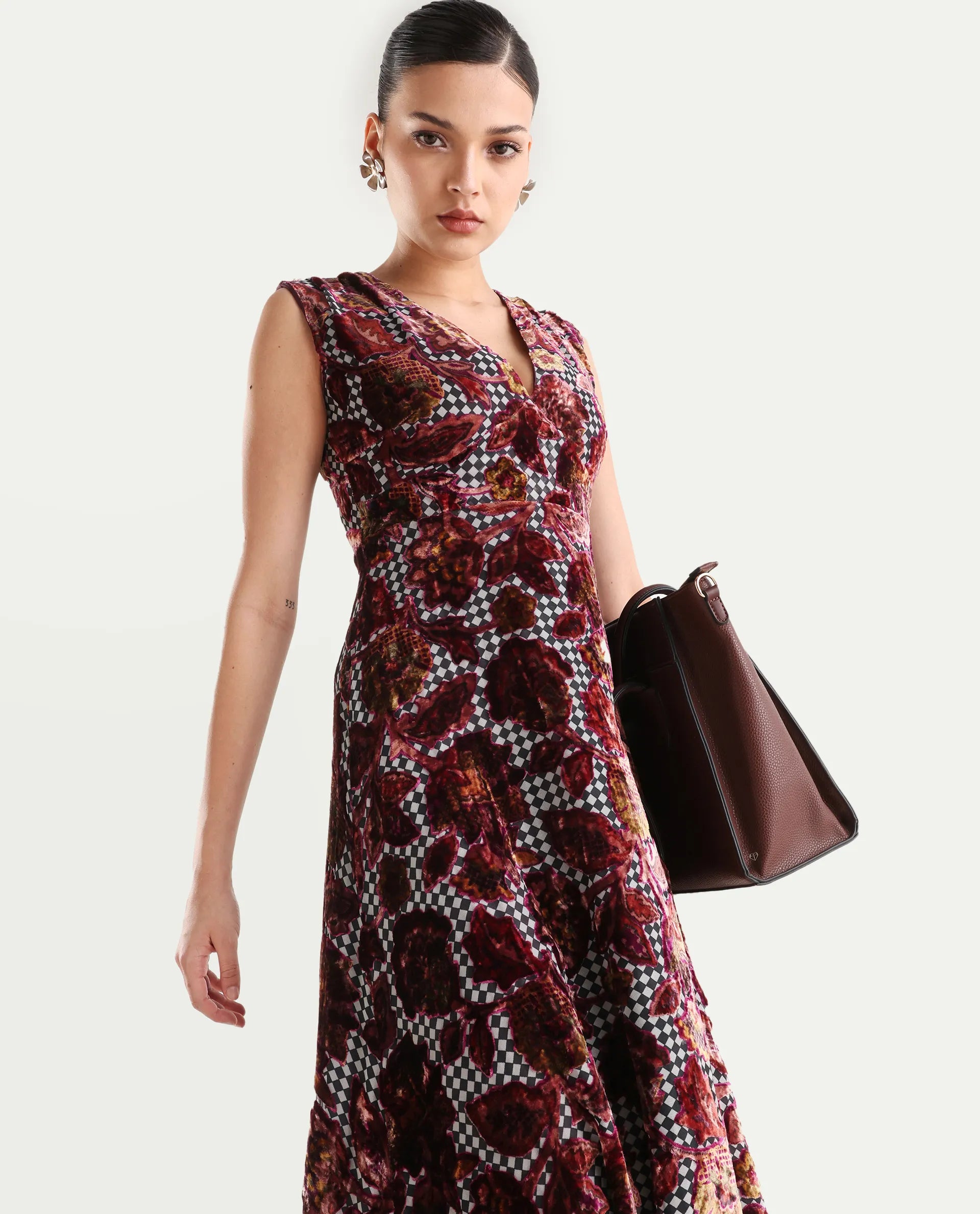 Rareism Women's Manila Multi Velvet V-Neck Floral Print Maxi Fit And Flare Dress