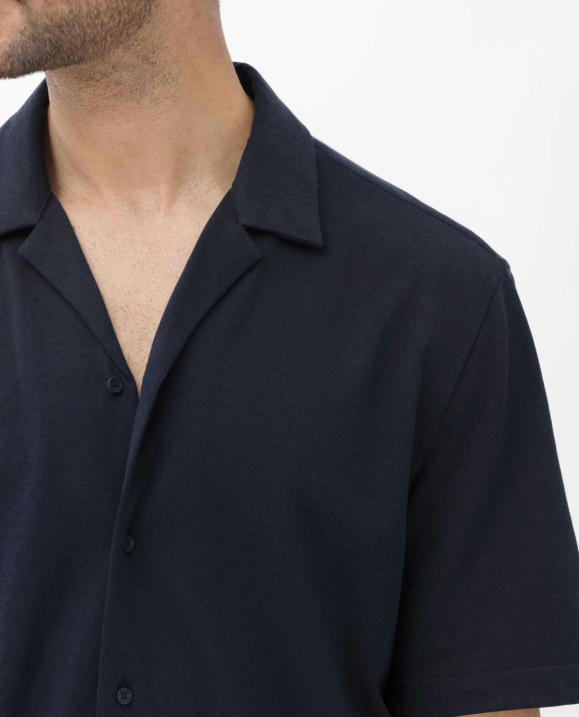 Rare Rabbit Men's Manga Navy Cotton Polyester Fabric Blend Cuban Collar Half Sleeves Boxy Fit Solid Knitted Shirt