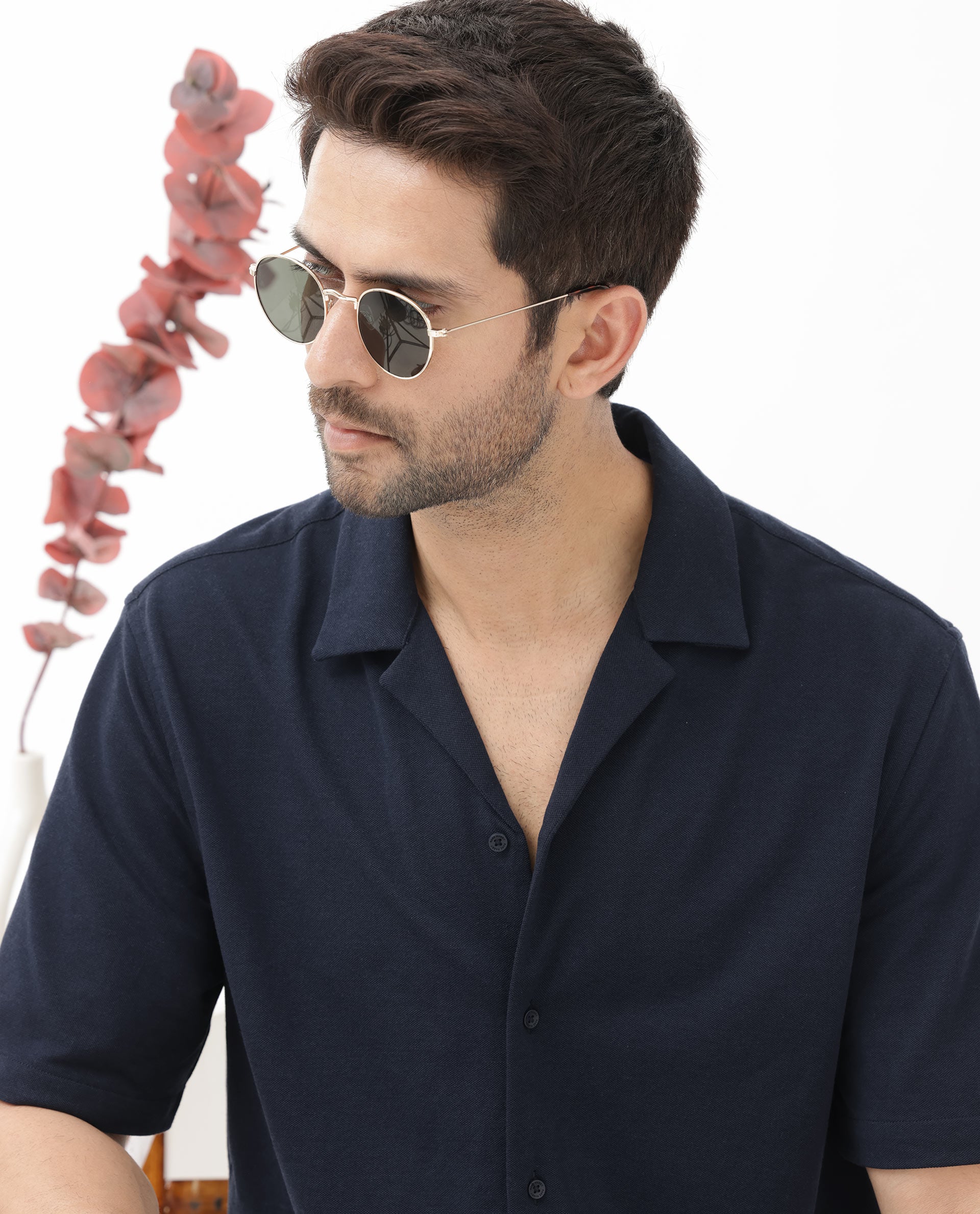 Rare Rabbit Men's Manga Navy Cotton Polyester Fabric Blend Cuban Collar Half Sleeves Boxy Fit Solid Knitted Shirt