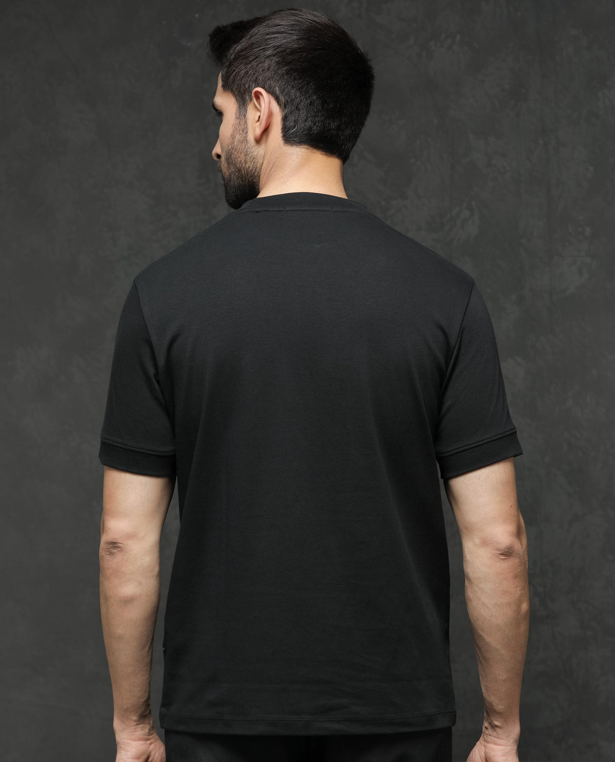 Rare Rabbit Men's Mano Black Cotton Fabric Half Sleeves Solid T-Shirt