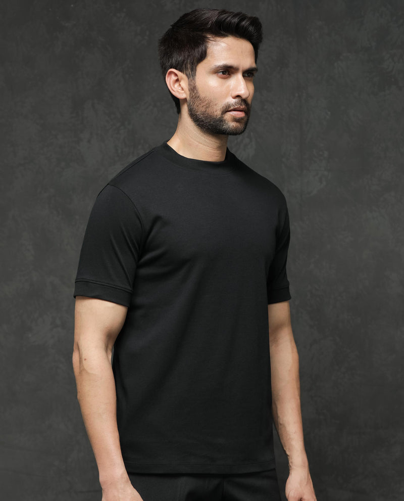 Rare Rabbit Men's Mano Black Cotton Fabric Half Sleeves Solid T-Shirt