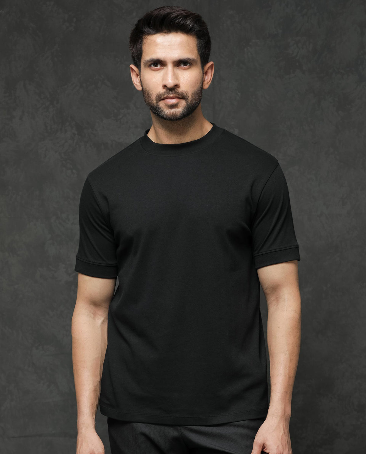 Rare Rabbit Men's Mano Black Cotton Fabric Half Sleeves Solid T-Shirt