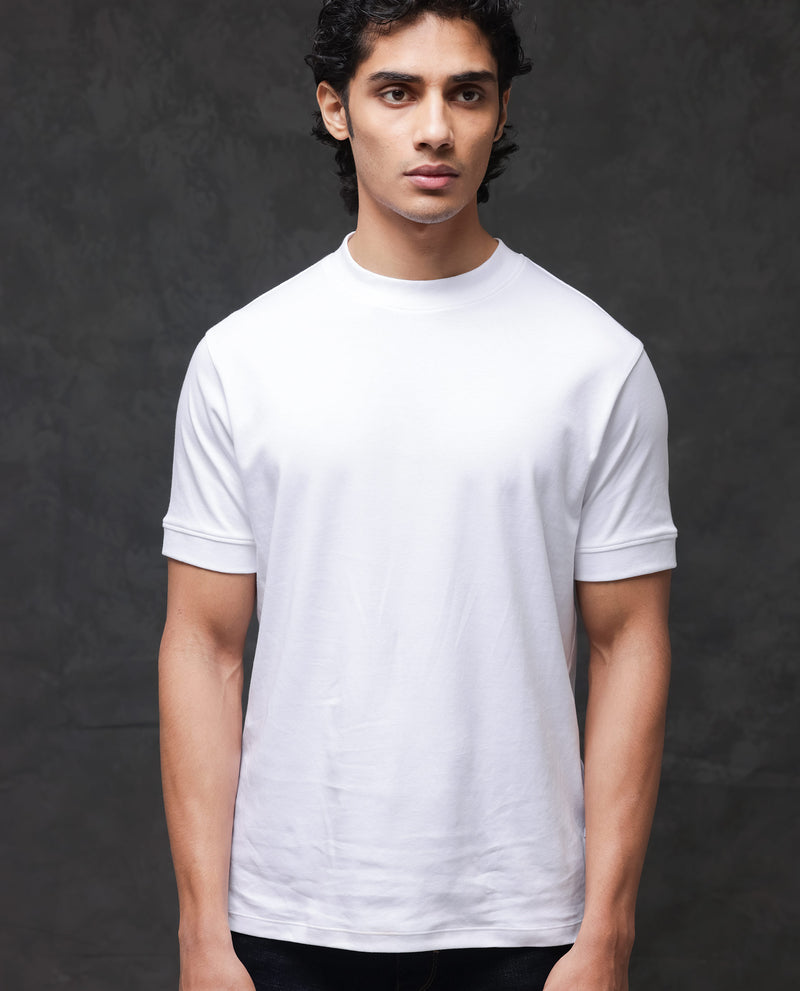 Rare Rabbit Men's Mano White Cotton Fabric Half Sleeves Solid T-Shirt