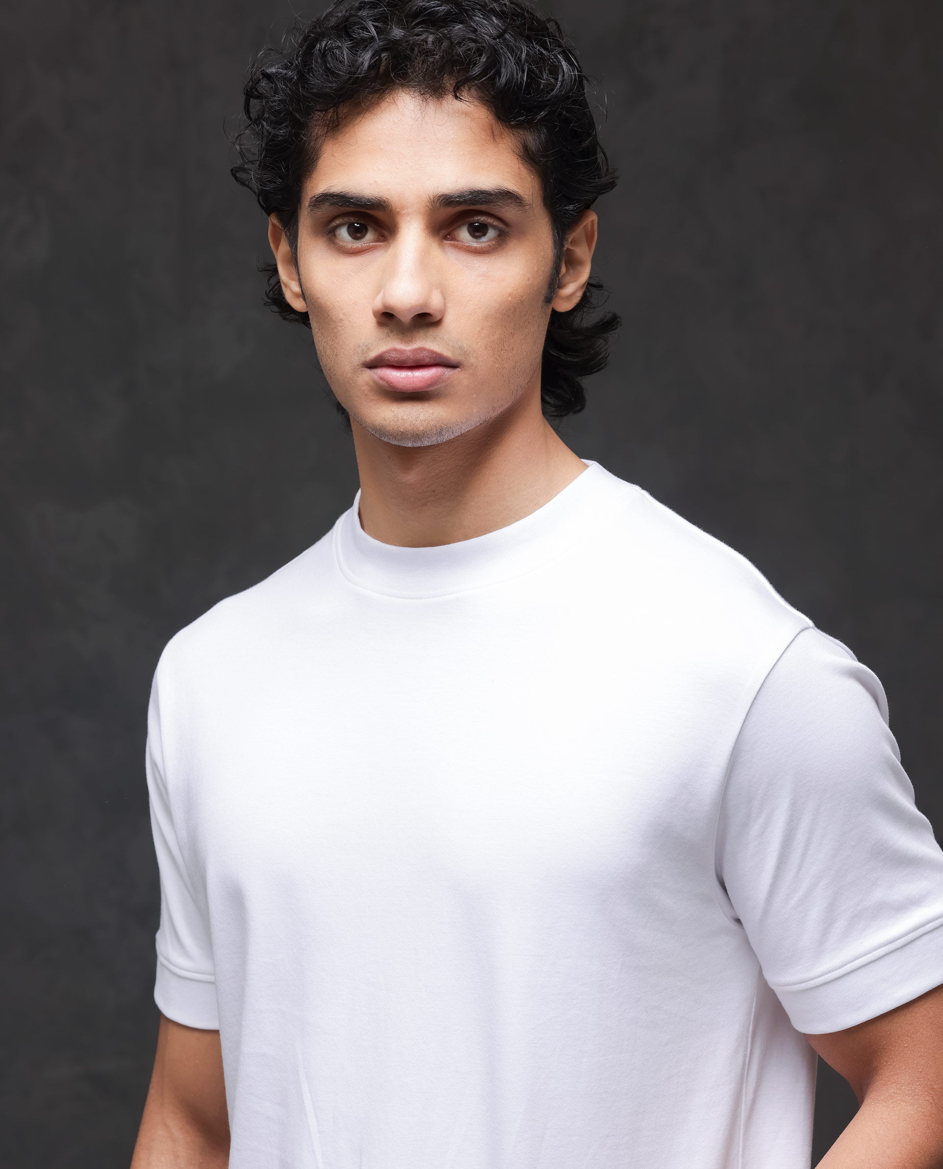 Rare Rabbit Men's Mano White Cotton Fabric Half Sleeves Solid T-Shirt