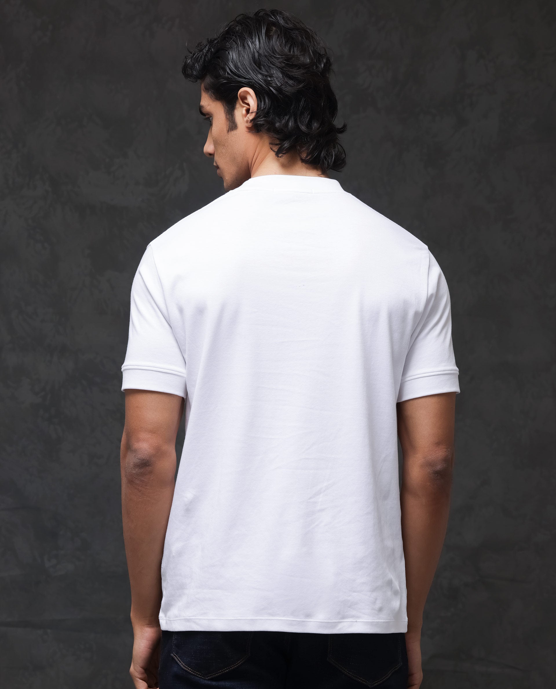 Rare Rabbit Men's Mano White Cotton Fabric Half Sleeves Solid T-Shirt