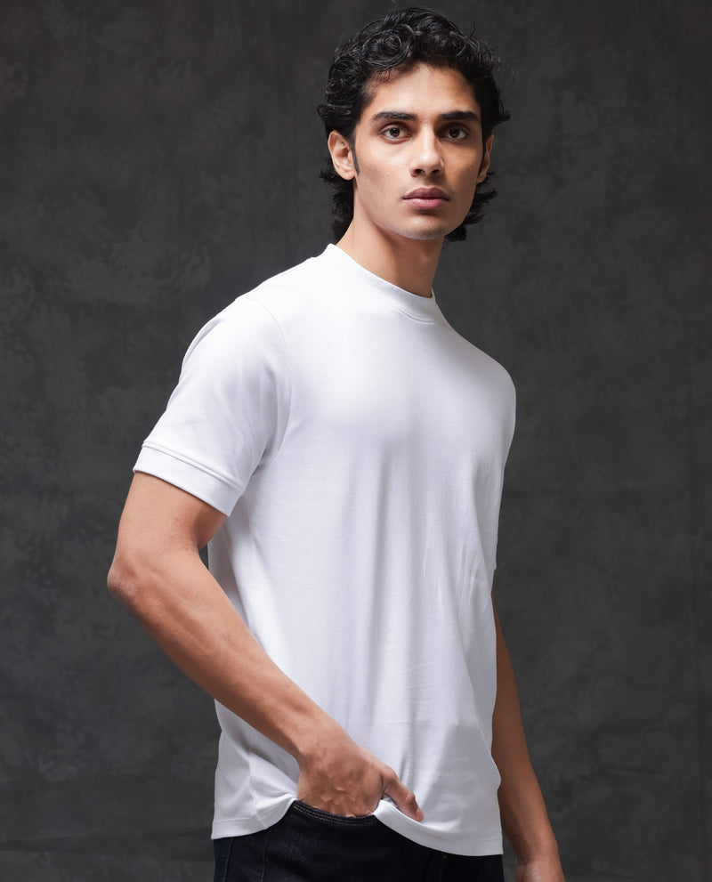 Rare Rabbit Men's Mano White Cotton Fabric Half Sleeves Solid T-Shirt