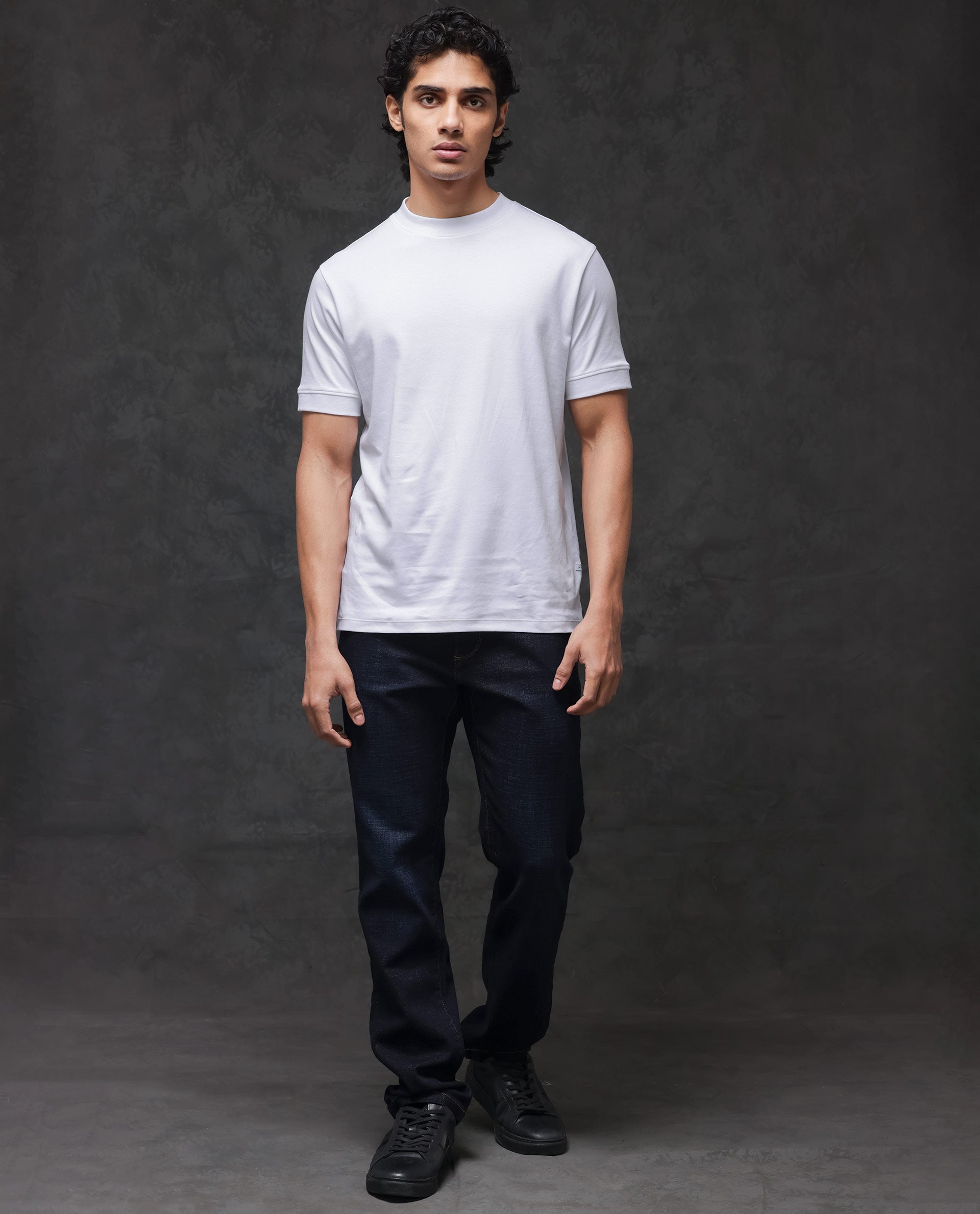 Rare Rabbit Men's Mano White Cotton Fabric Half Sleeves Solid T-Shirt