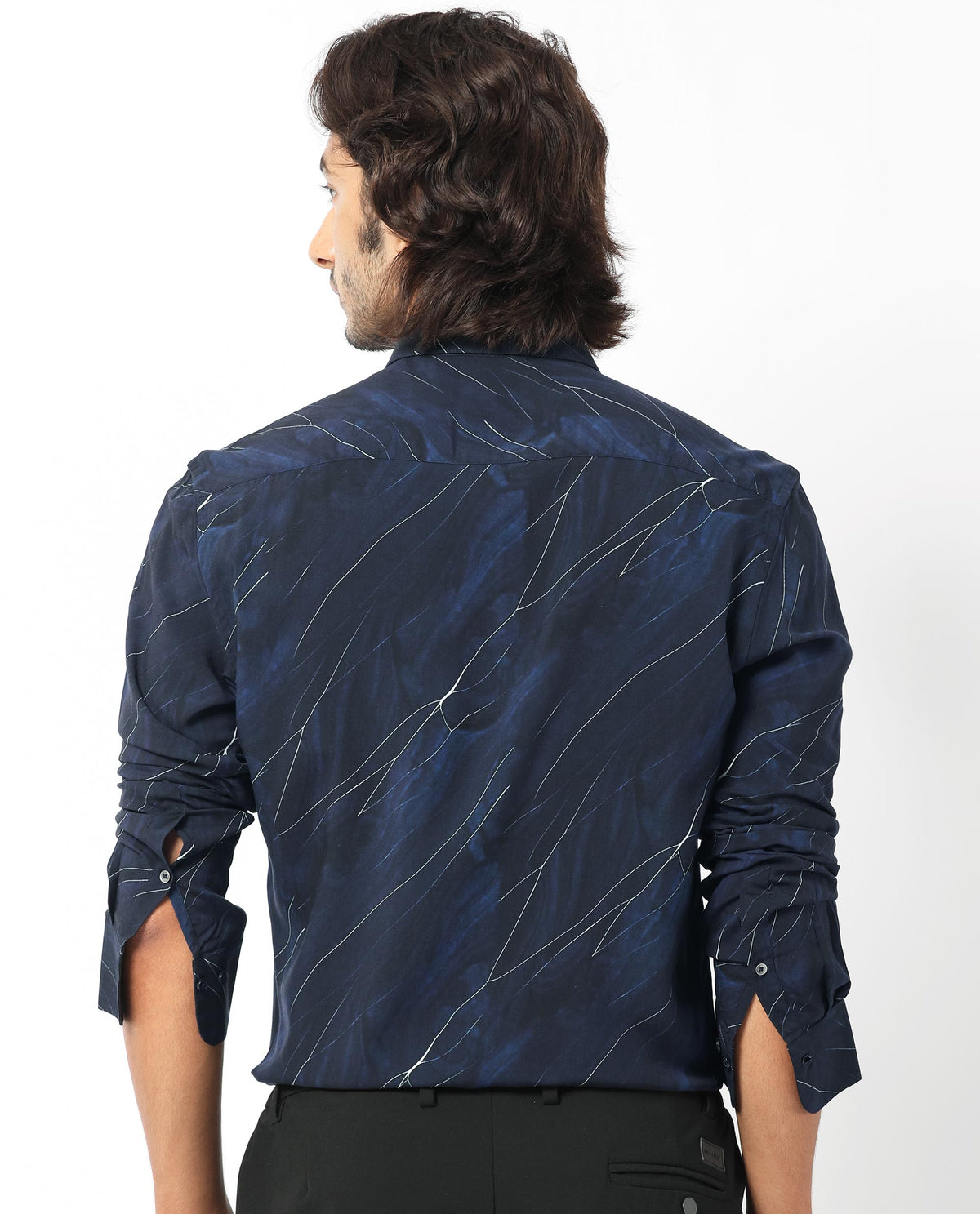 Rare Rabbit Men's Mans Navy Cotton Viscose Fabric Full Sleeves Abstract Print Shirt