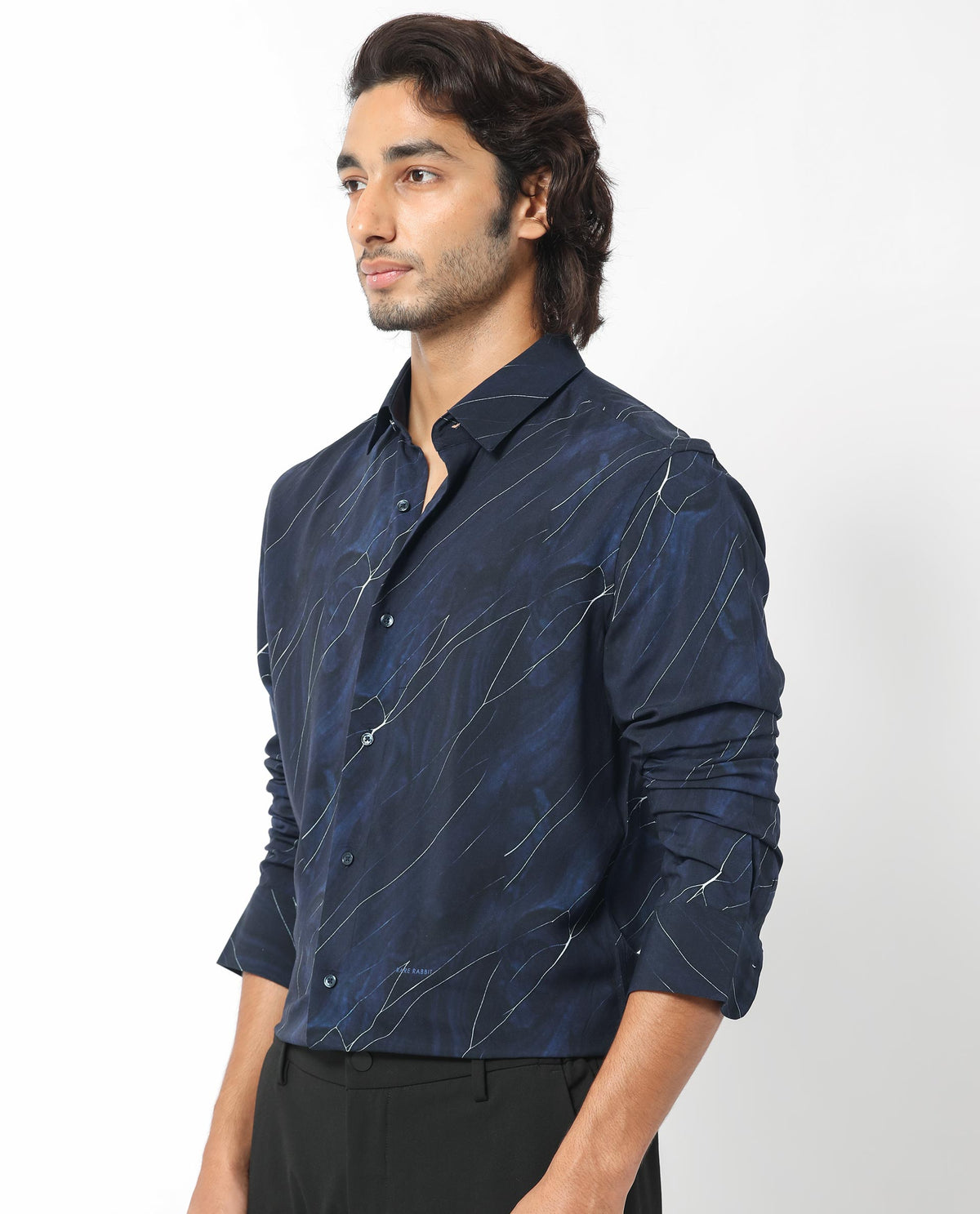 Rare Rabbit Men's Mans Navy Cotton Viscose Fabric Full Sleeves Abstract Print Shirt