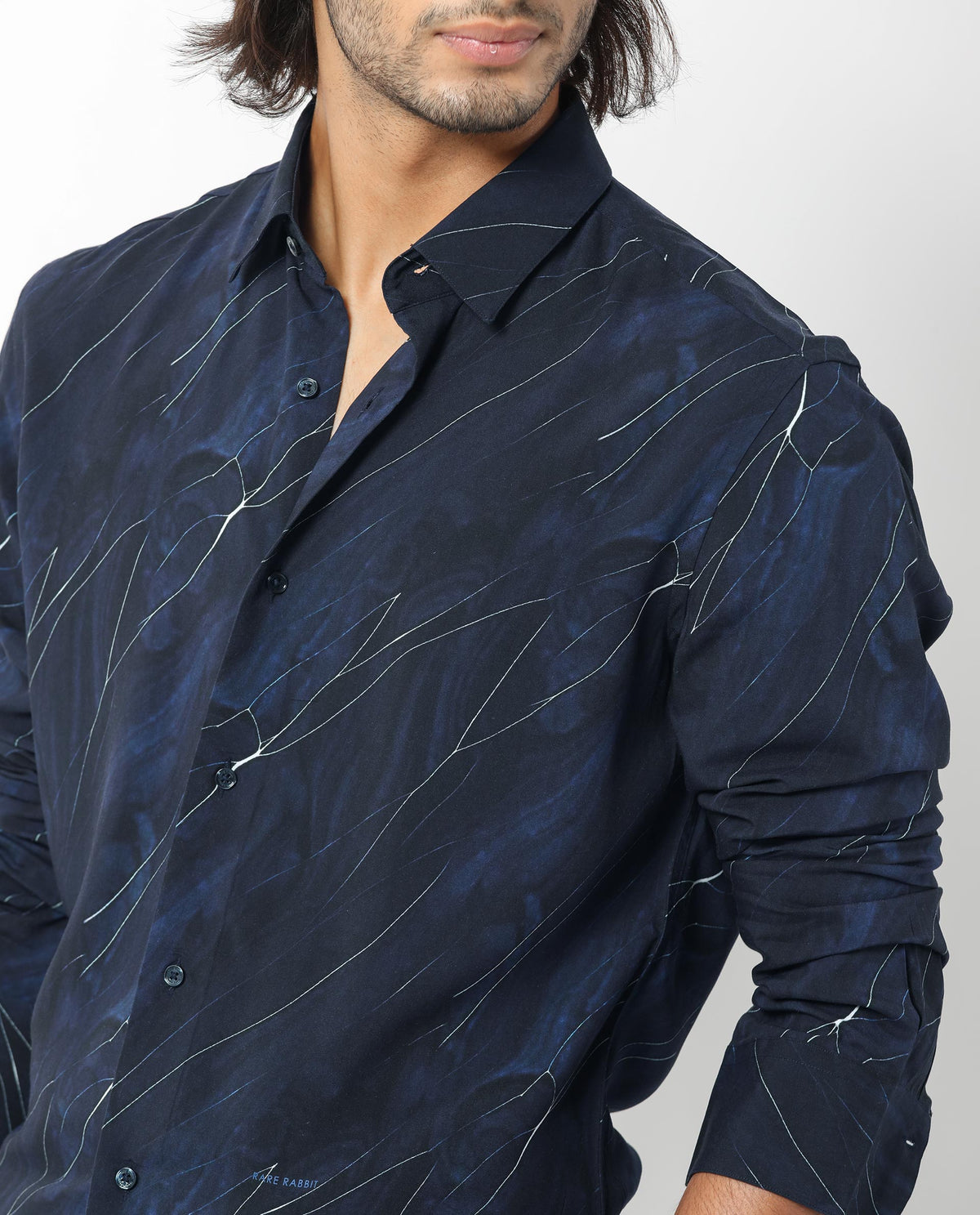 Rare Rabbit Men's Mans Navy Cotton Viscose Fabric Full Sleeves Abstract Print Shirt