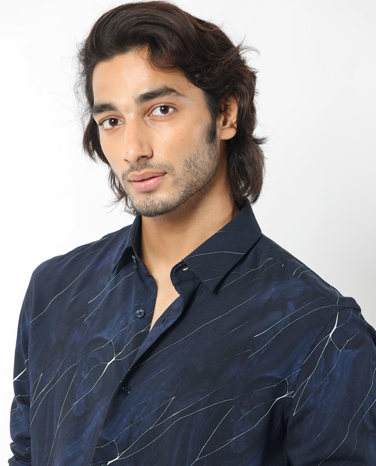 Rare Rabbit Men's Mans Navy Cotton Viscose Fabric Full Sleeves Abstract Print Shirt