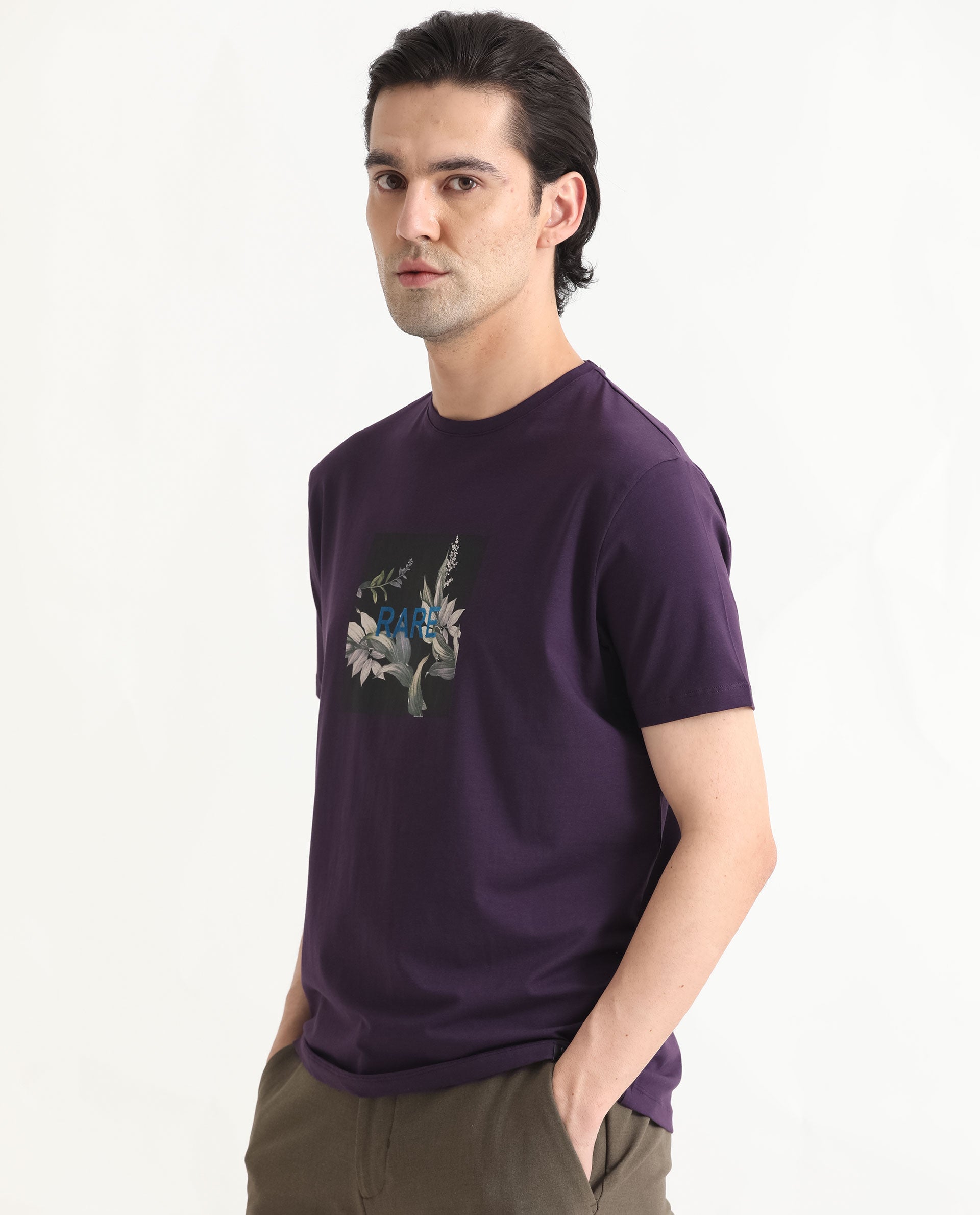Rare Rabbit Men's Mant Purple Crew Neck Half Sleeves Regular Fit Flock Branding Floral Graphic Print T-Shirt