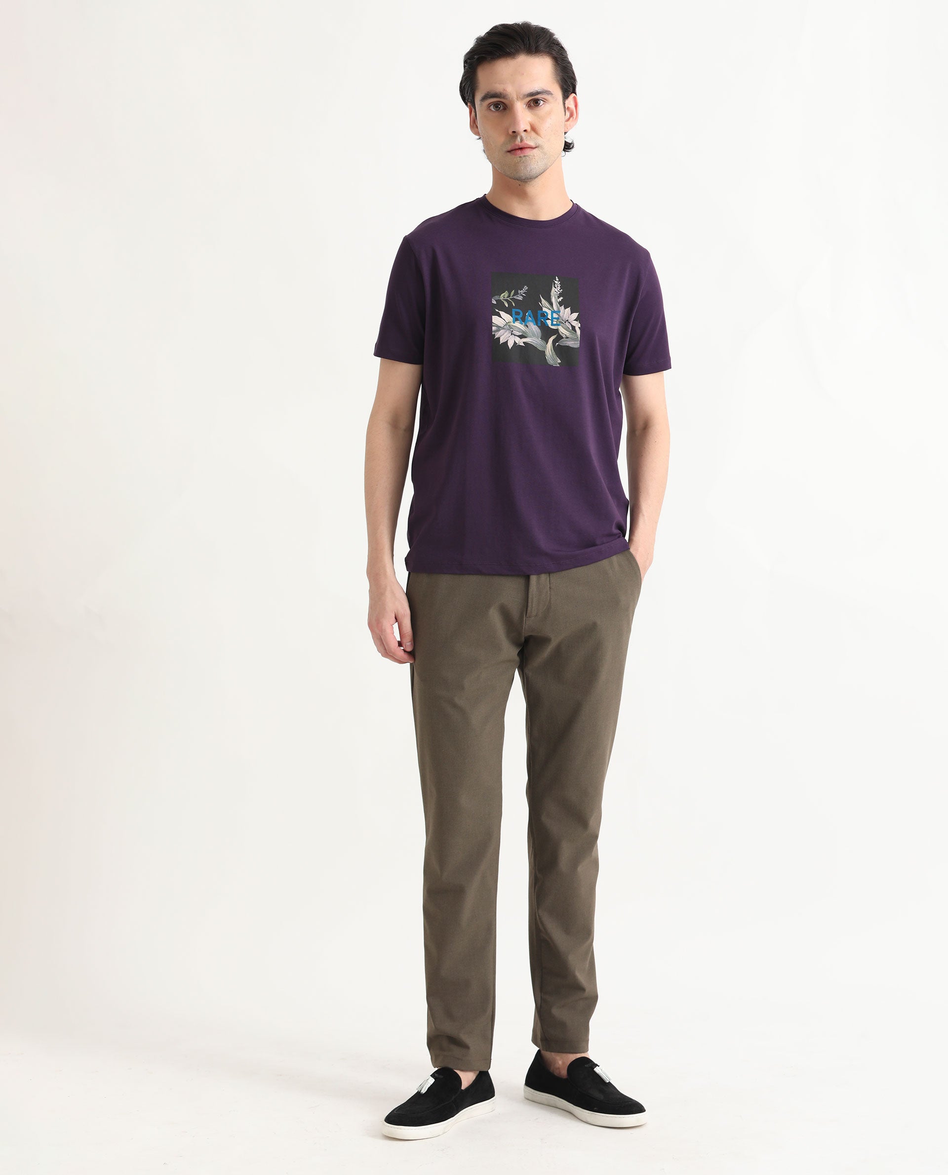 Rare Rabbit Men's Mant Purple Crew Neck Half Sleeves Regular Fit Flock Branding Floral Graphic Print T-Shirt