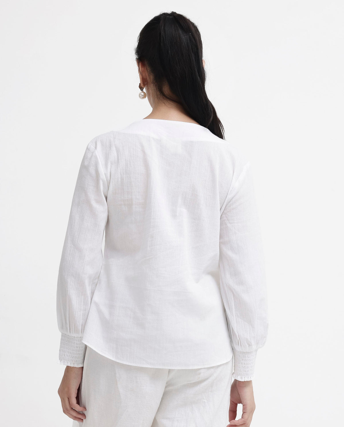 Rareism Women Mante White Cotton Fabric Full Sleeves Button Closure Mandarin Collar Bishop Sleeve Regular Fit Plain Top