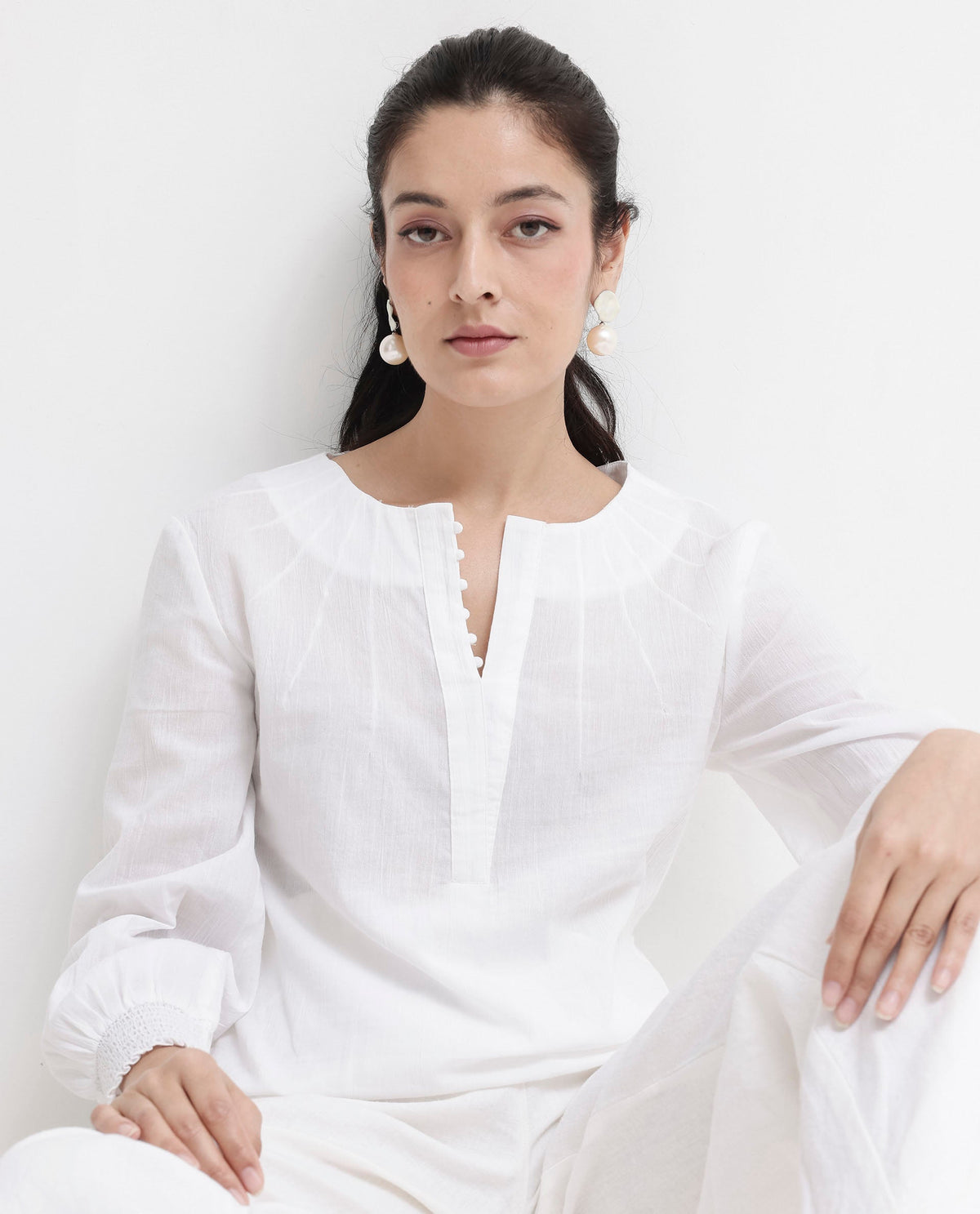 Rareism Women Mante White Cotton Fabric Full Sleeves Button Closure Mandarin Collar Bishop Sleeve Regular Fit Plain Top