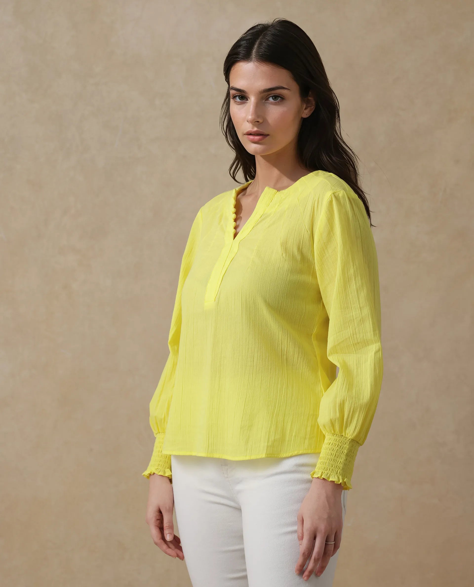 Rareism Women's Mante Yellow Cotton Crew Neck Plain Bishop Sleeve Regular Fit Top