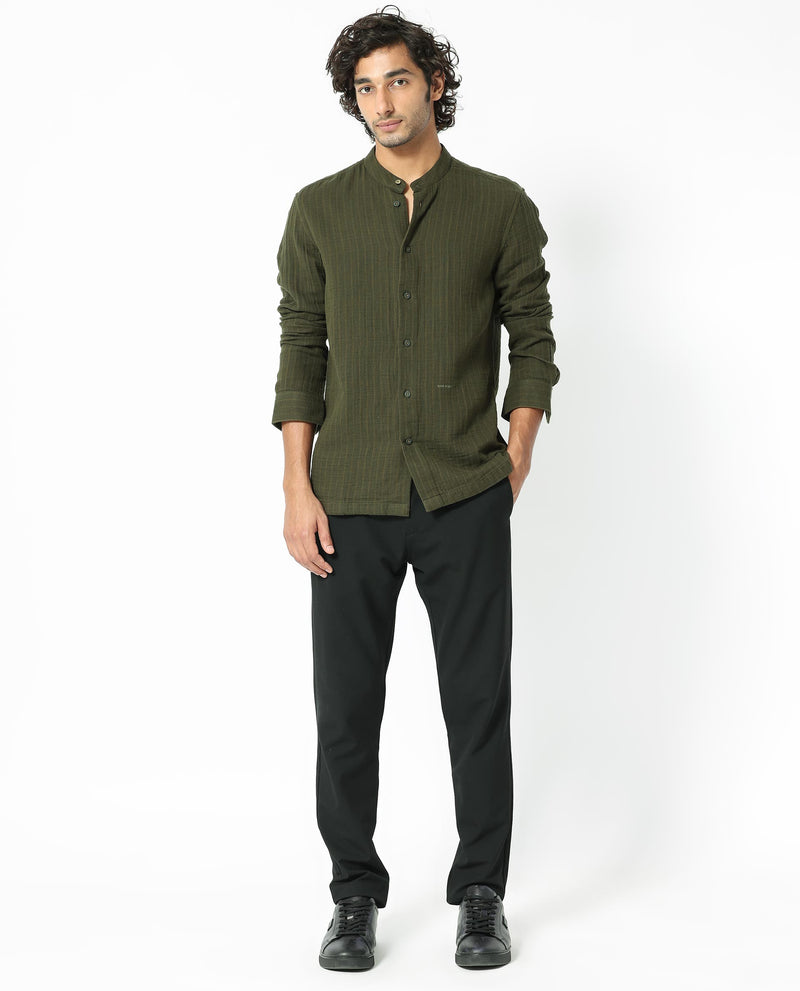Rare Rabbit Men's Manzar Dark Green Cotton Fabric Mandarin Collar Full Sleeves Knitted Shirt
