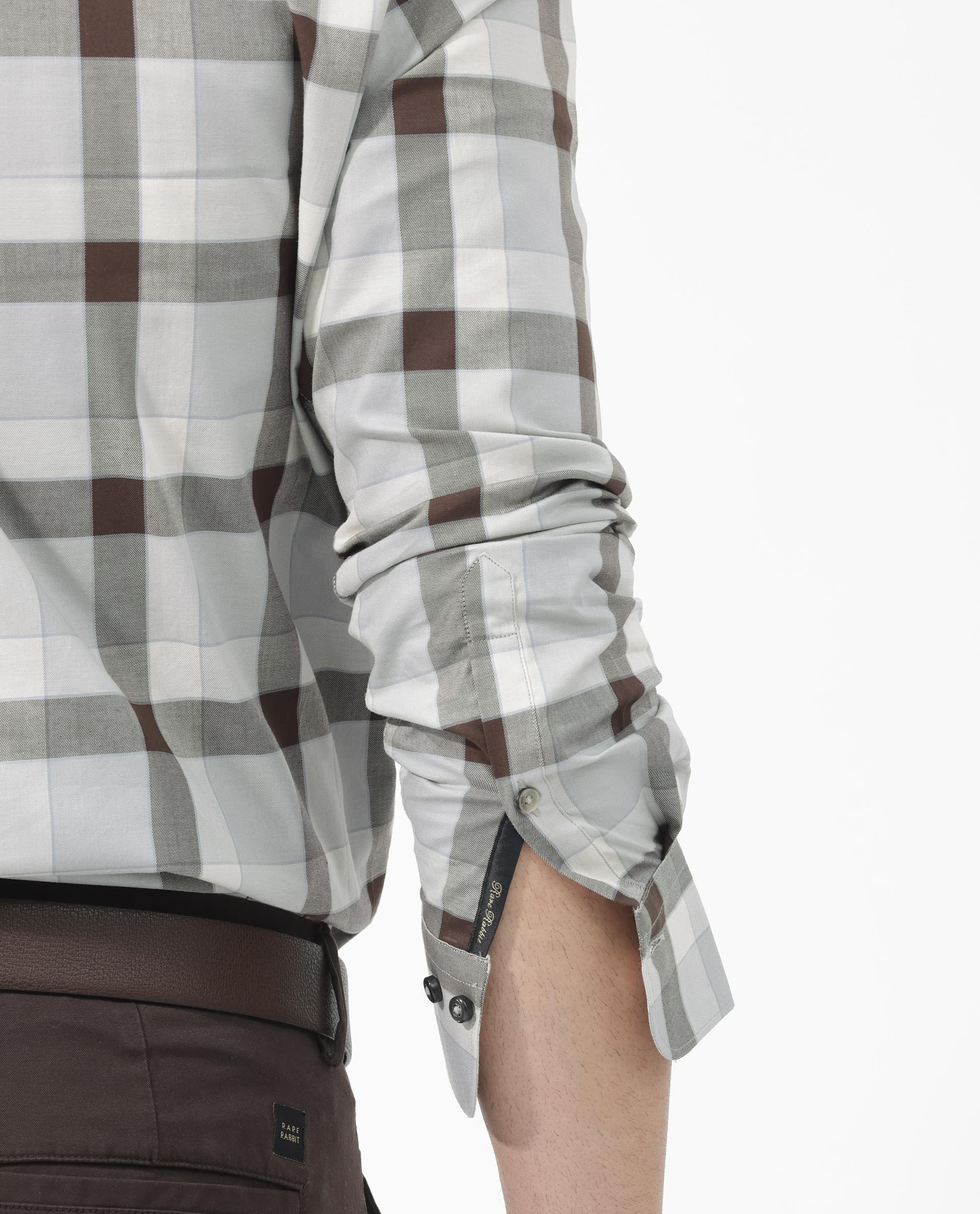 Rare Rabbit Men's Mape Light Grey Shirt Cotton Full Sleeve Checks