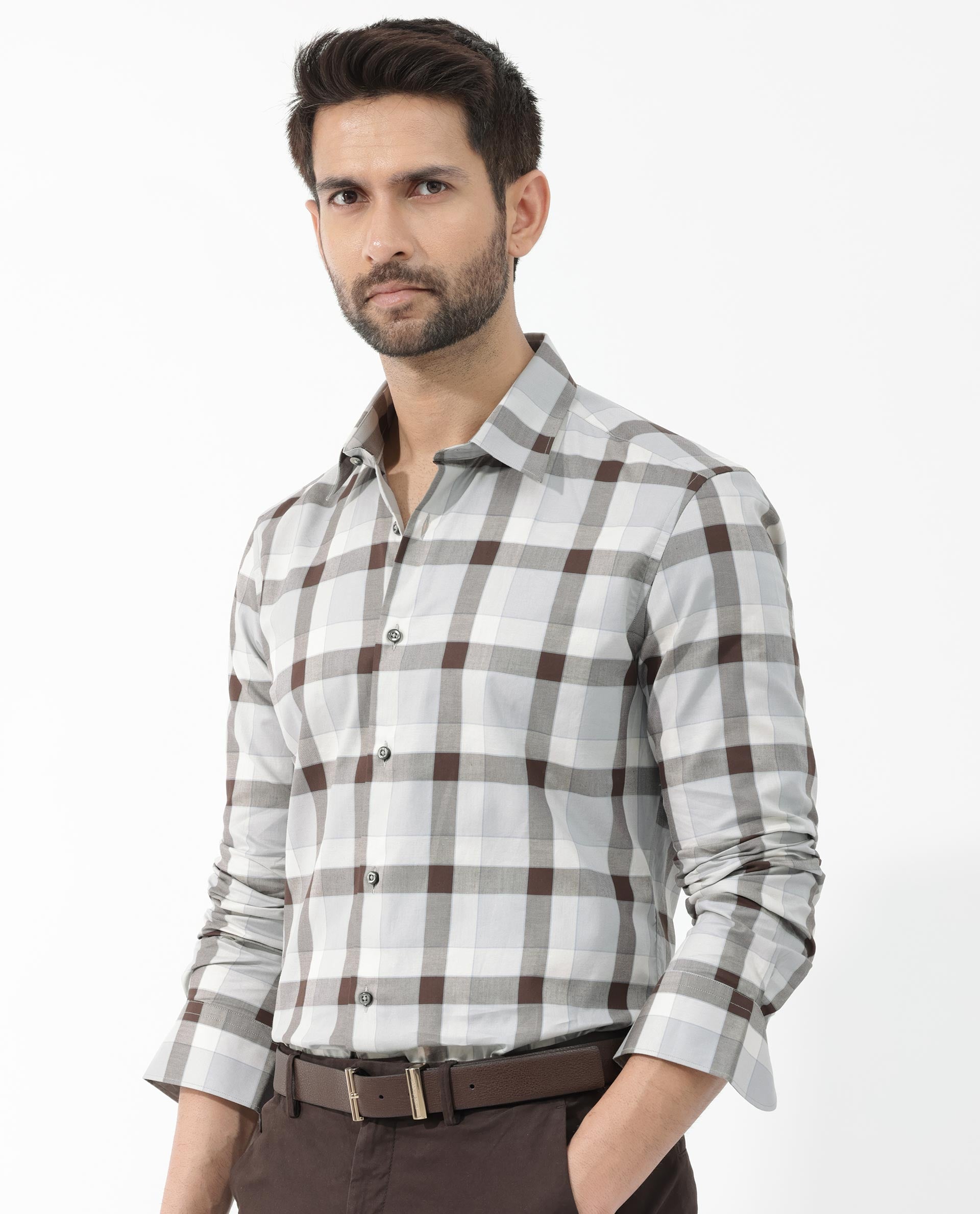 Rare Rabbit Men's Mape Light Grey Shirt Cotton Full Sleeve Checks