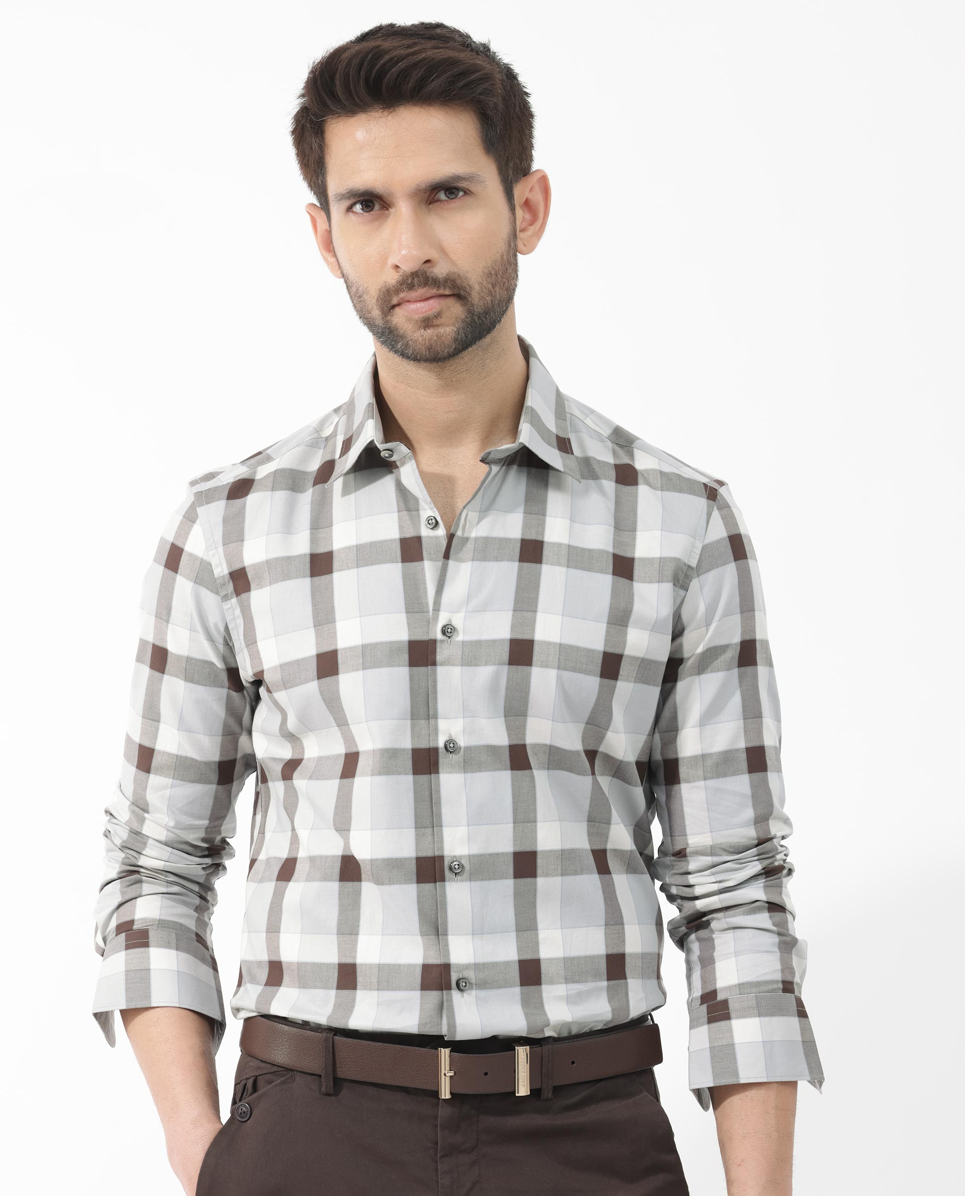 Rare Rabbit Men's Mape Light Grey Shirt Cotton Full Sleeve Checks