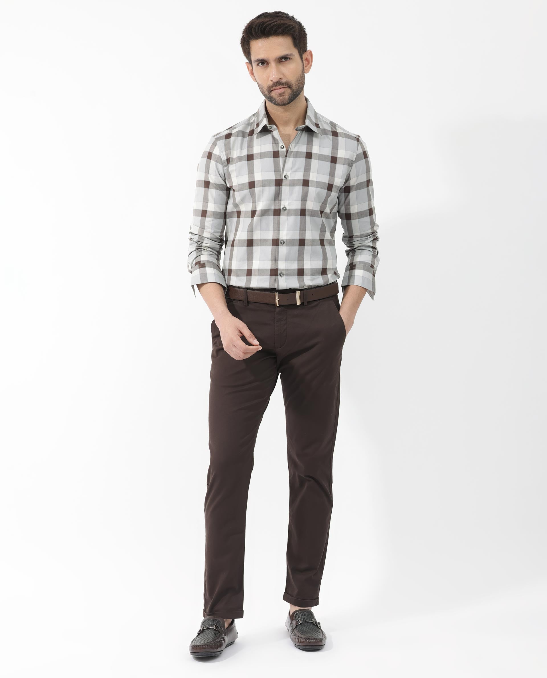 Rare Rabbit Men's Mape Light Grey Shirt Cotton Full Sleeve Checks