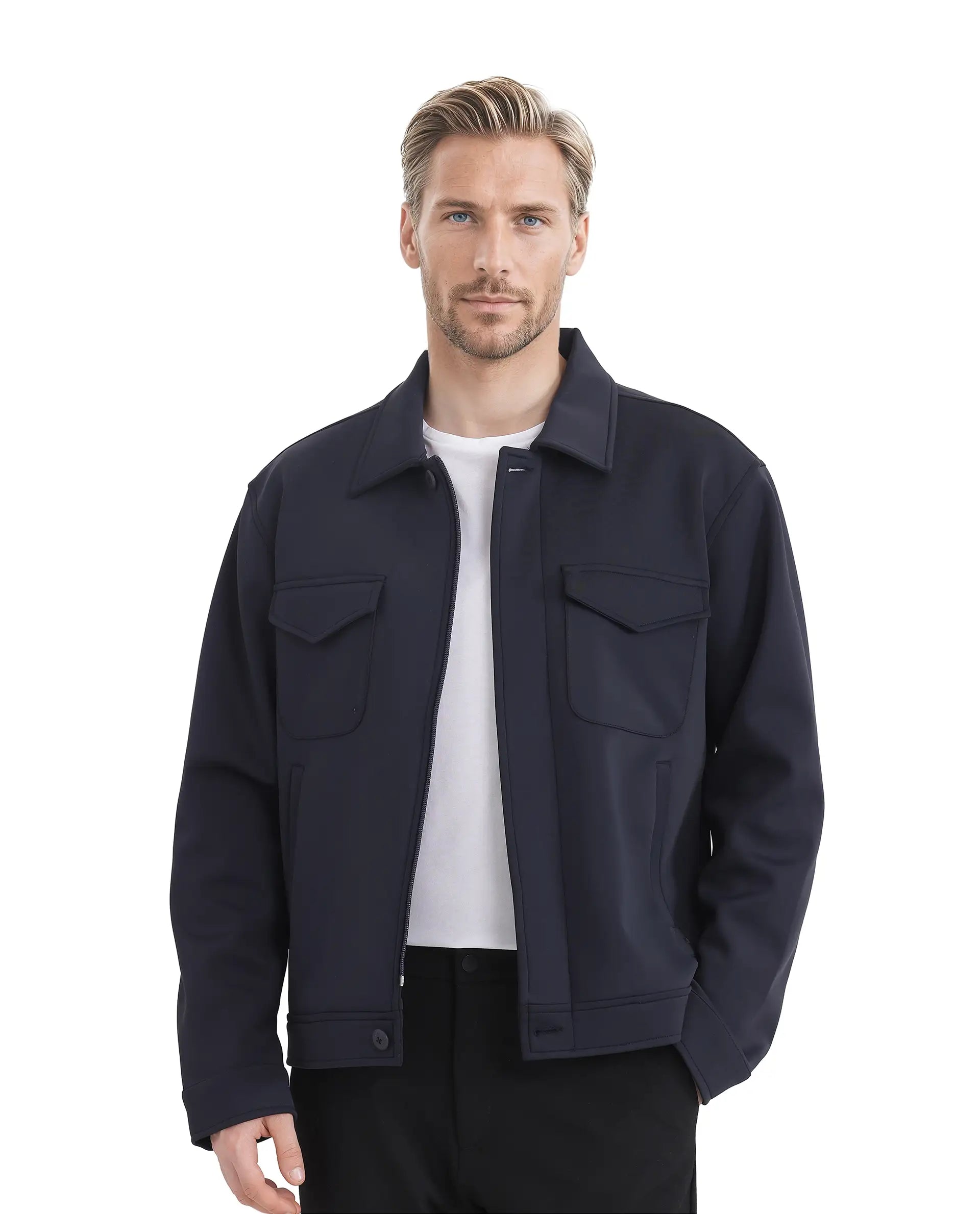 Rare Rabbit Men Mapi Navy Nylon Fabric Full Sleeves Spread Collar Button and Zipper Closure Plain Jacket
